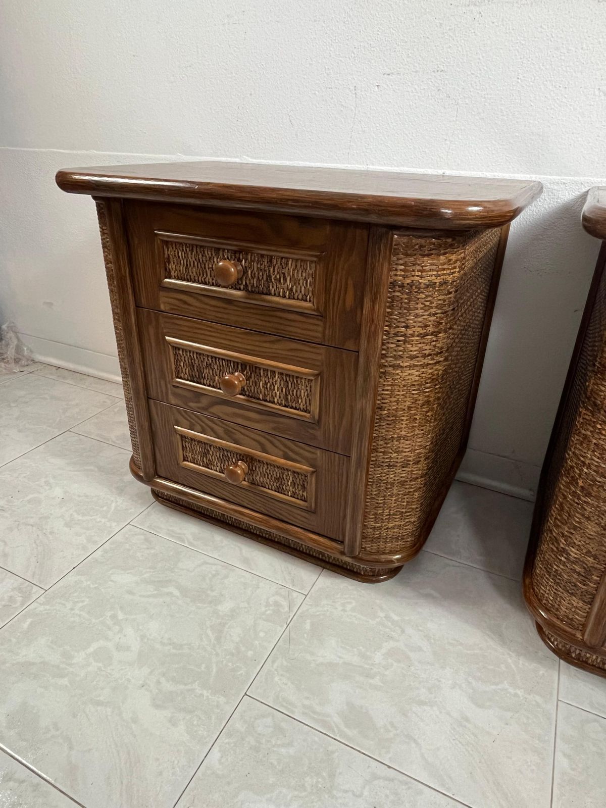 photo vinterior Set Of 2 Wood And Rattan Bedside Tables, Made In Italy 1970s