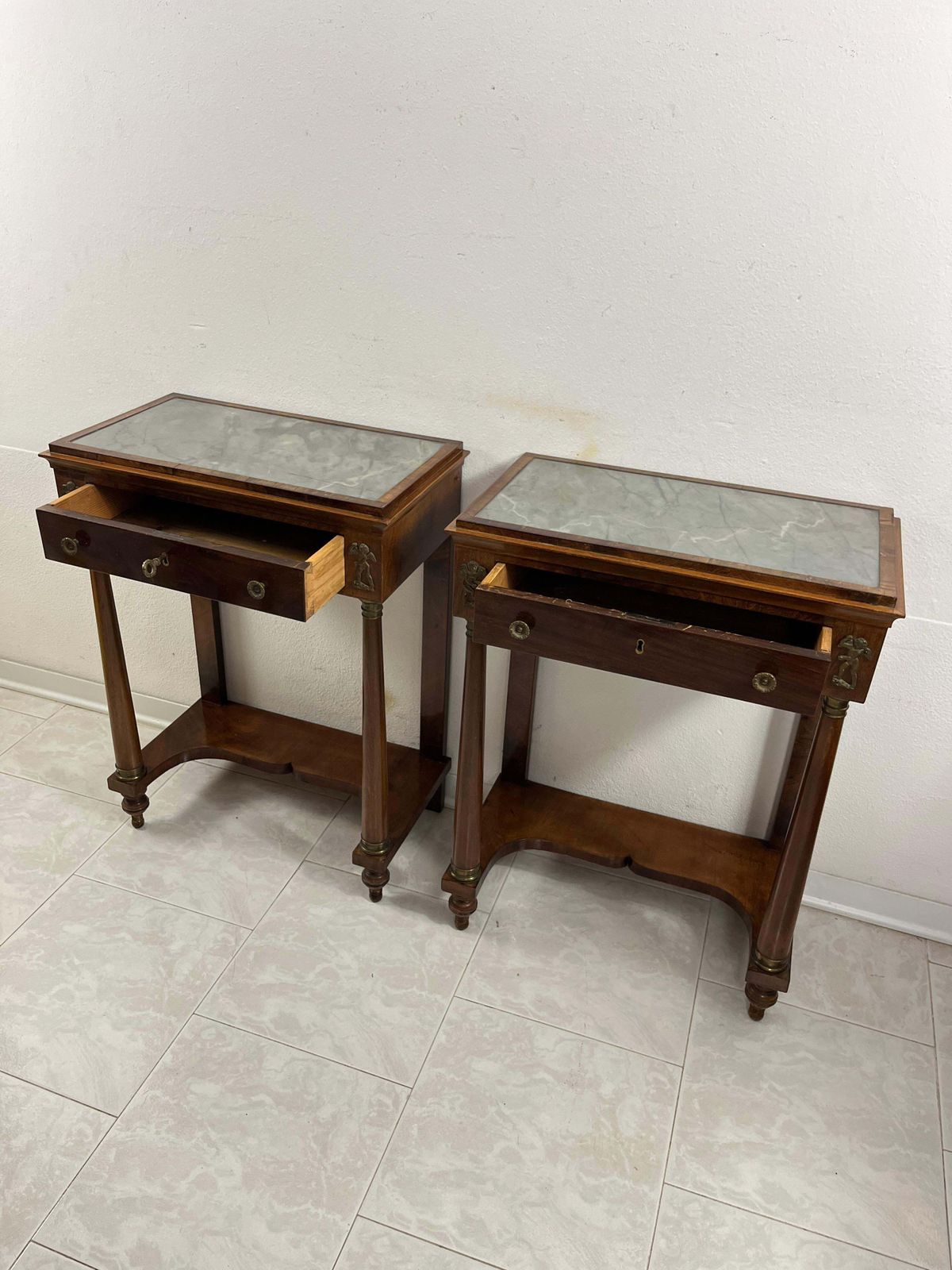 Set Of 2 Mid Century Italian Marble Top Nightstands, 1940s photo furniture