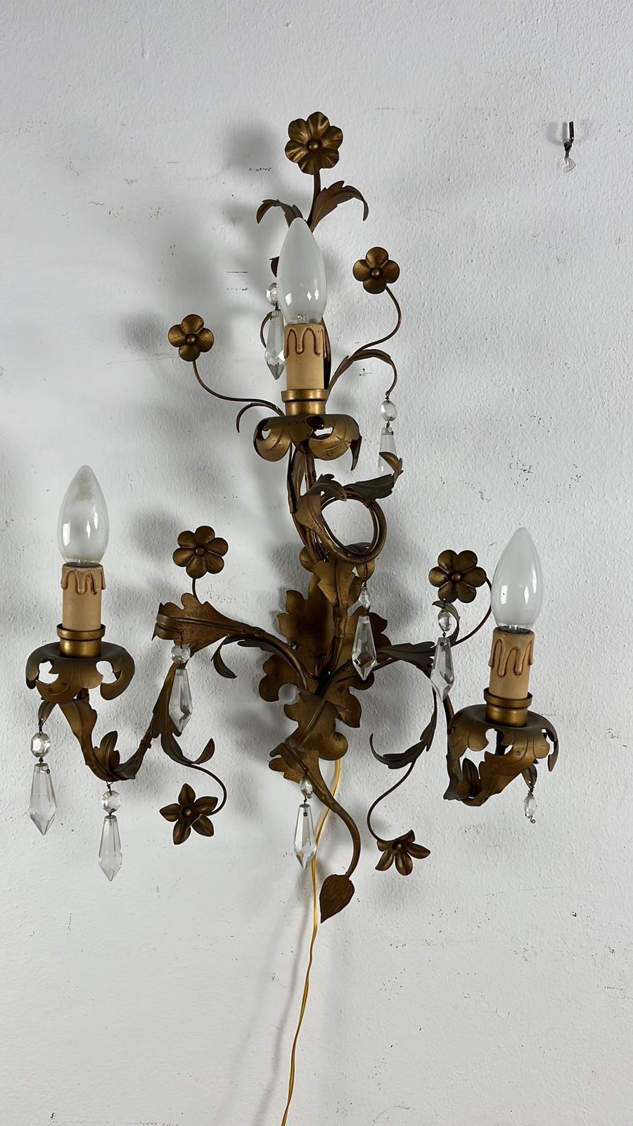 Set Of 2 Mid Century French Wrought Iron And Crystal Wall Lamps, 1950s photo for sale