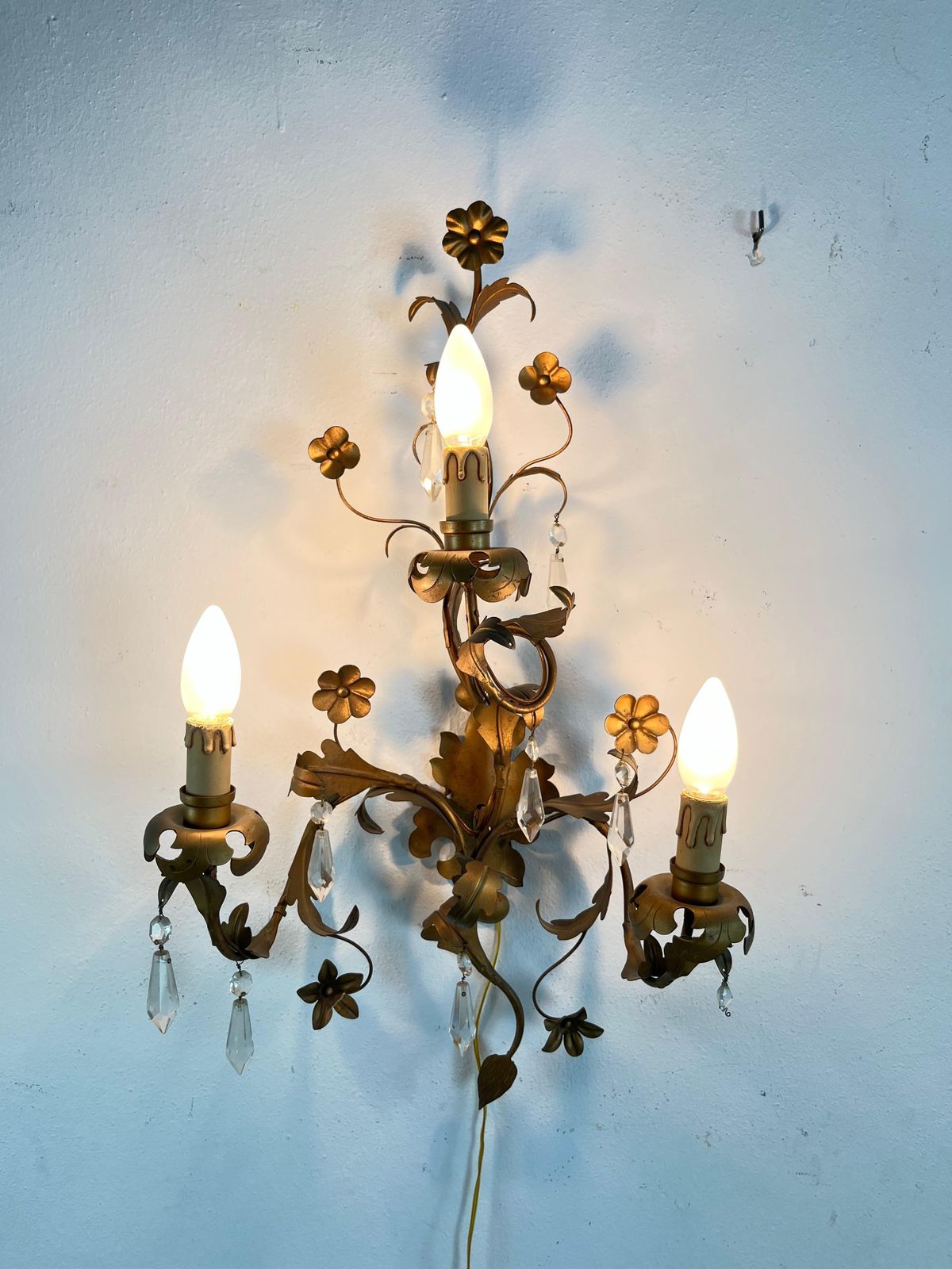 Set Of 2 Mid Century French Wrought Iron And Crystal Wall Lamps, 1950s photo Lighting