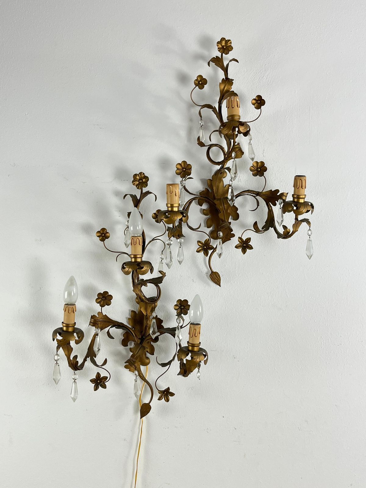 Set Of 2 Mid Century French Wrought Iron And Crystal Wall Lamps, 1950s photo vintage