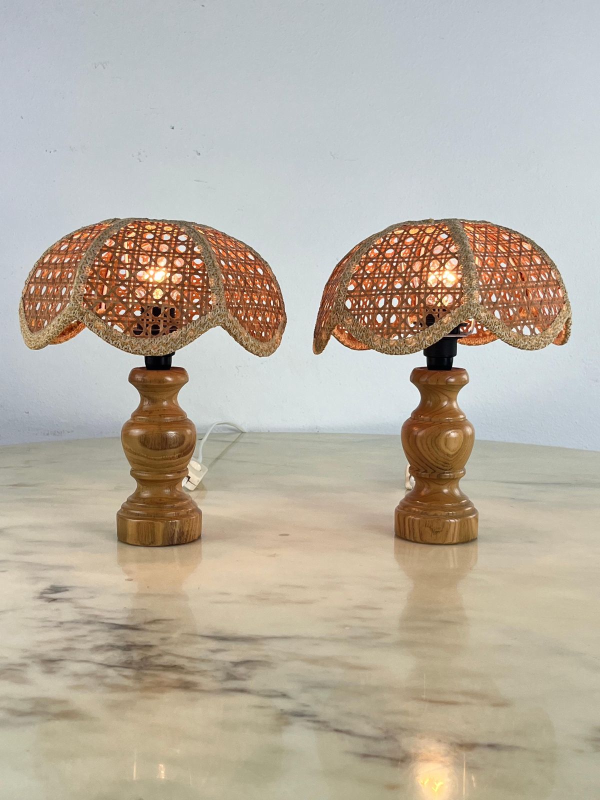 Pair Of Mid Century French Riviera Table Lamps In Wicker And Rattan 1960s photo furniture