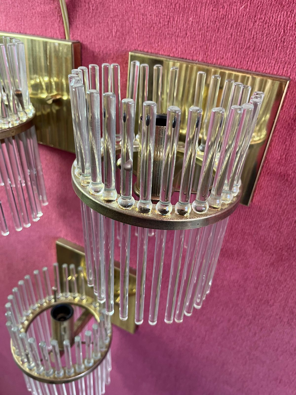 Set Of 3 Sciolari Brass And Murano Glass Wall Lamps Sconces  Mid Century 1960s photo vinterior