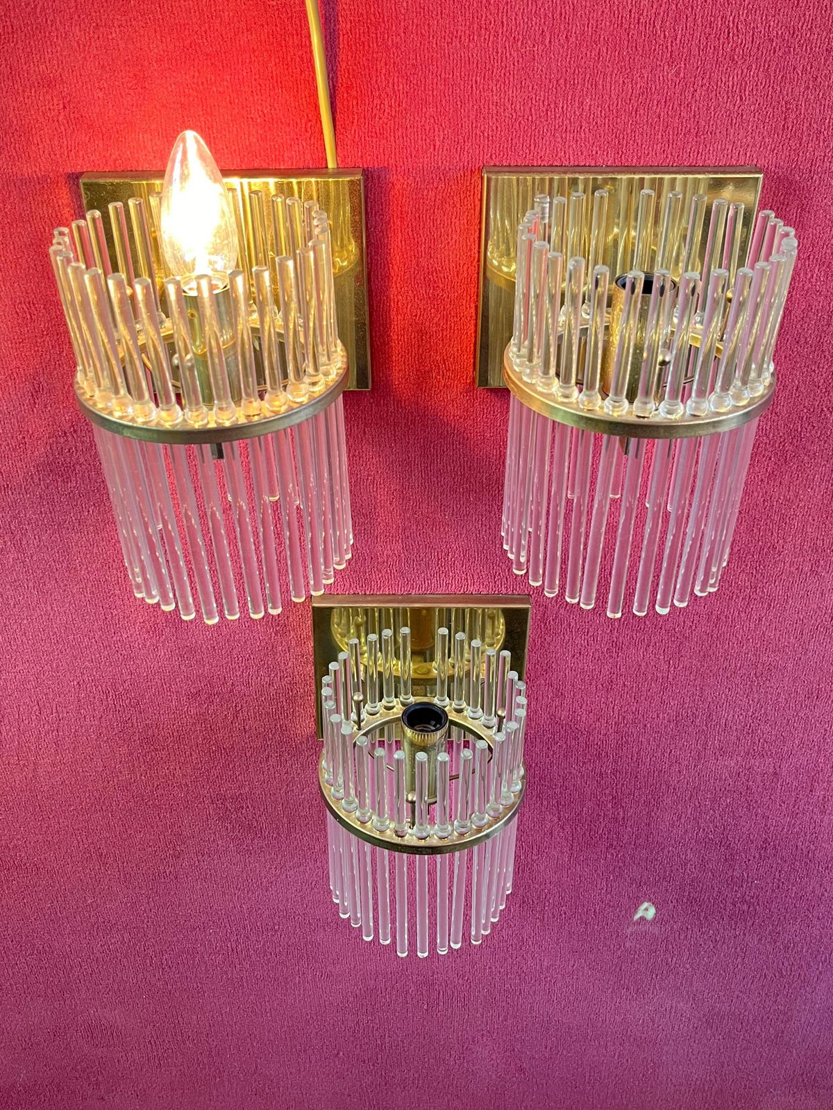 Set Of 3 Sciolari Brass And Murano Glass Wall Lamps Sconces  Mid Century 1960s photo vintage