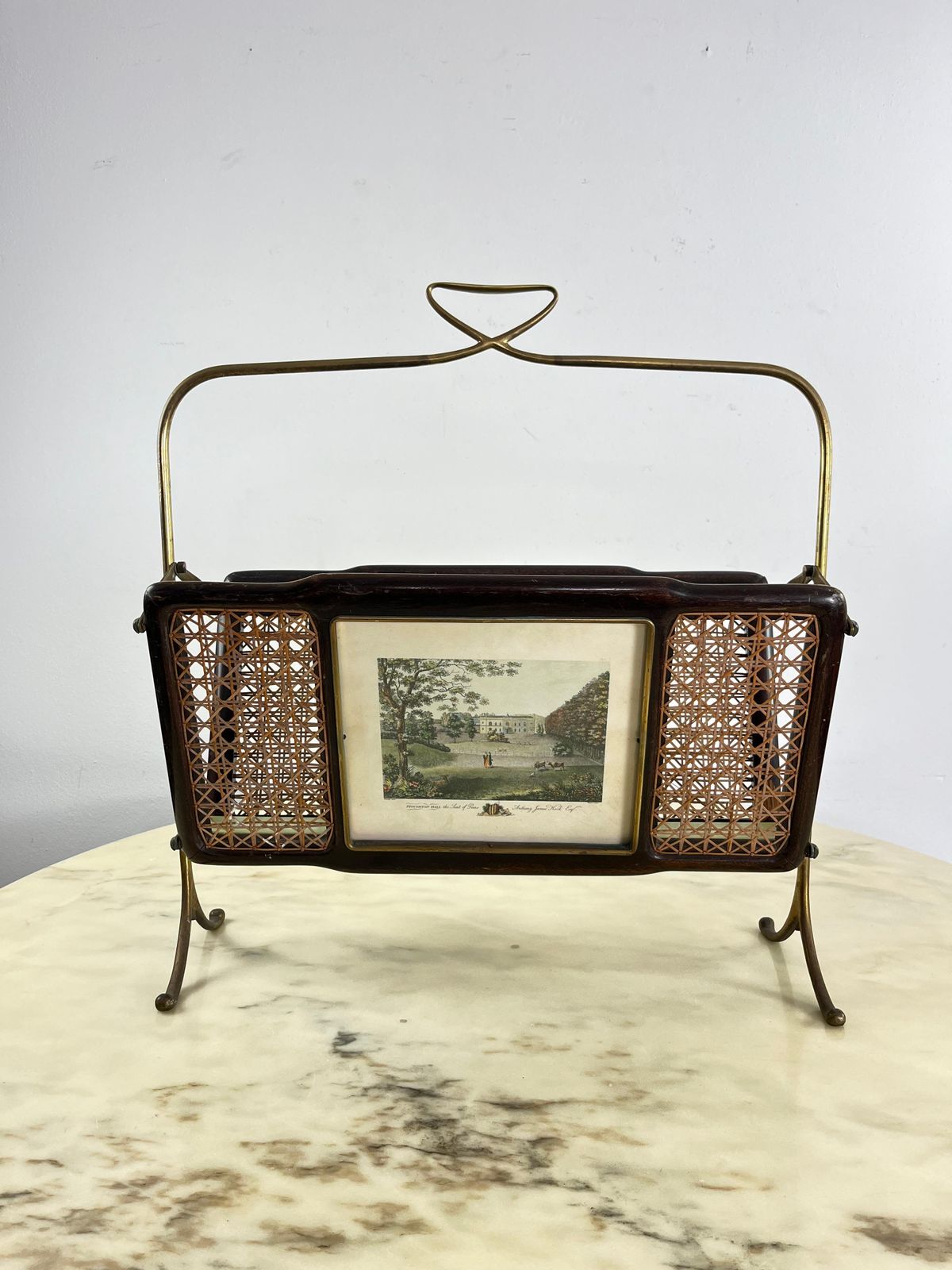 Mid Century Folding Magazine Rack In Brass, Wood And Vienna Straw, 1940s photo buy