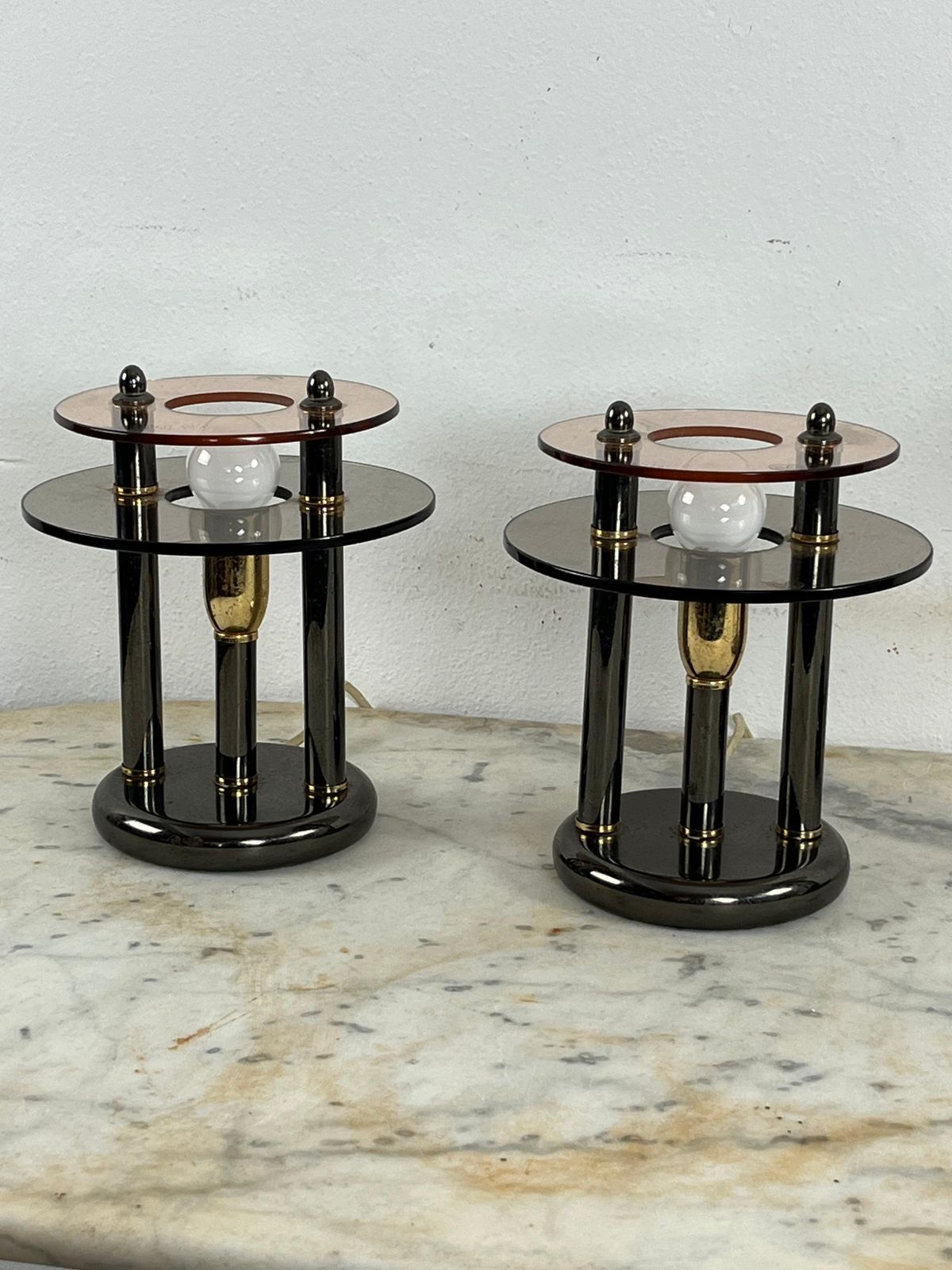 Lighting Set Of 3 Bedroom Lamps In Metal And Colored Murano Glass, 1980s photo