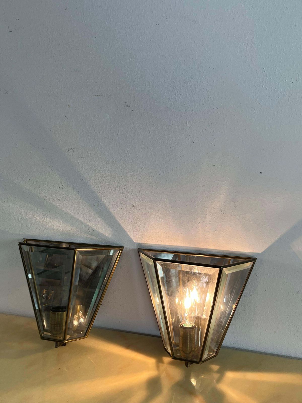 photo for sale Set Of 2 Mid Century Brass Glass Mirror Wall Lamps, Made In Italy 1950s