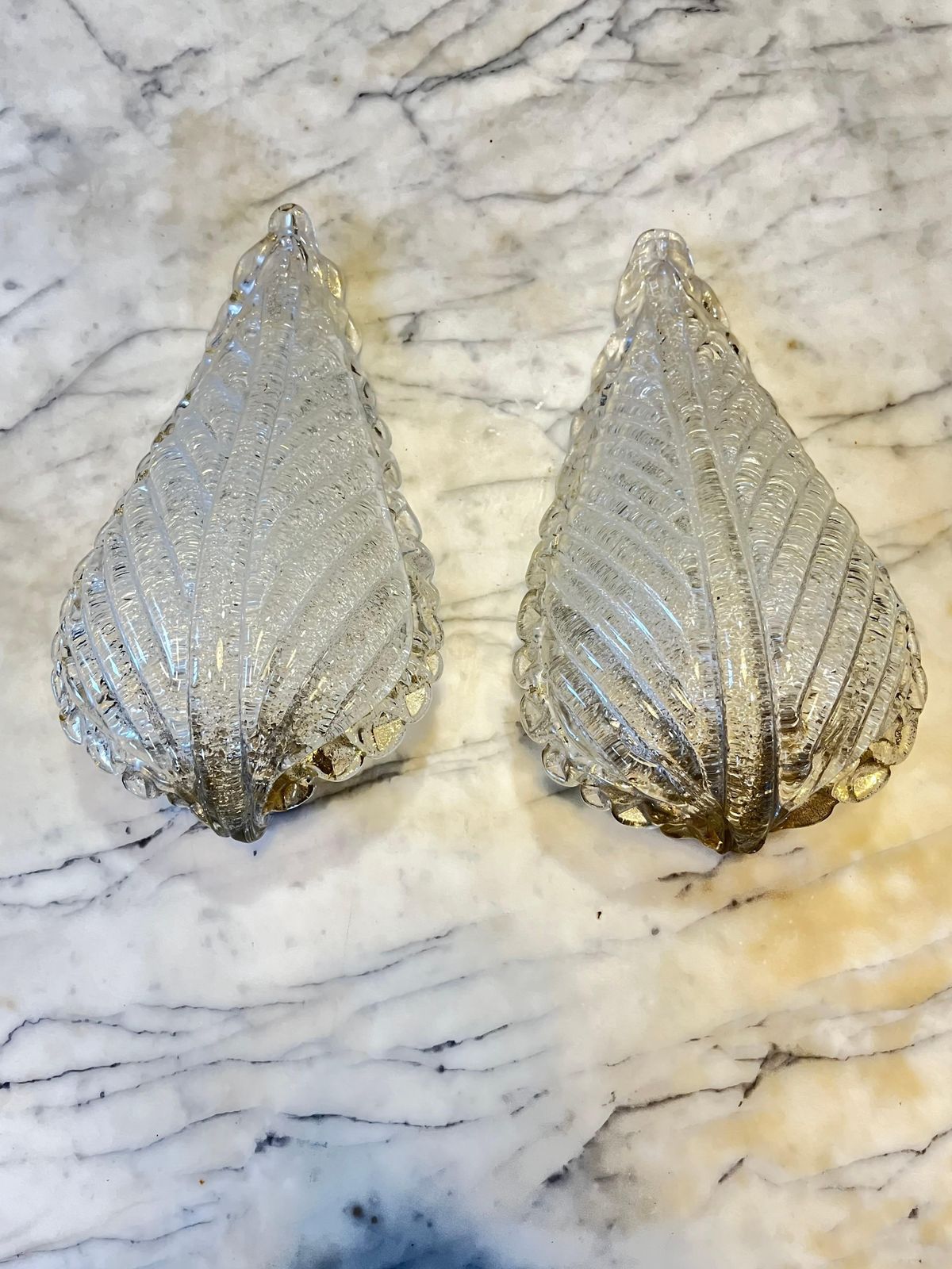 photo for sale Set Of 2 Mid Century Murano Glass And Brass Wall Lamps Attributed To Cenedese