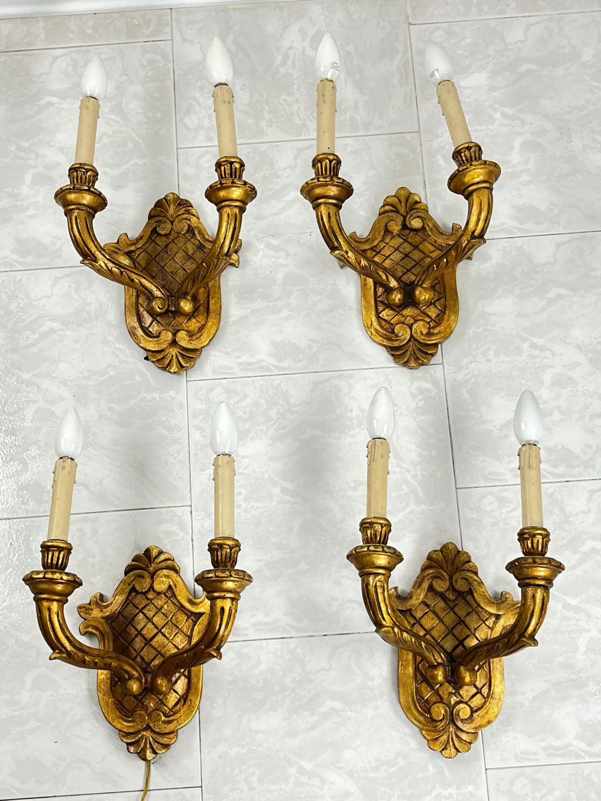 Set Of 4 Mid Century Hand Carved Gilt Wood Wall Lamps 1960s photo buy