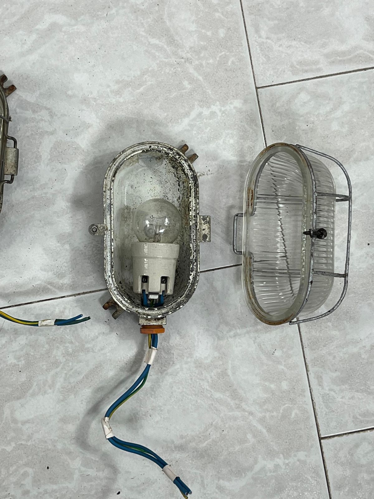 Set Of 3 Mid Century Industrial Cast Iron And Glass Wall Lamps, 1950s photo for sale