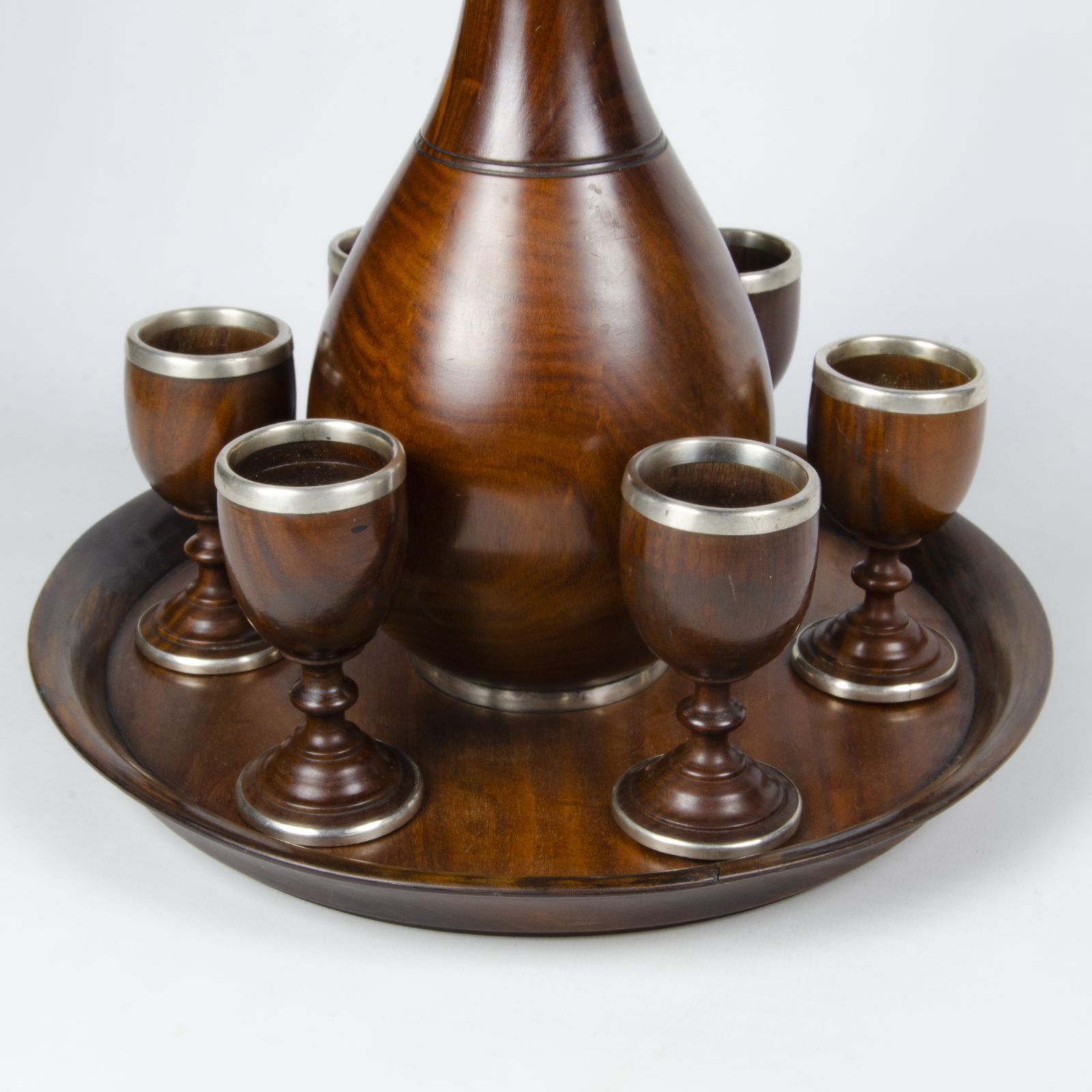 Late 19th Century German Wood And Silver Decanter Set With Tray And Six Glasses By The Company Gebrüder Kühn photo Home Decor