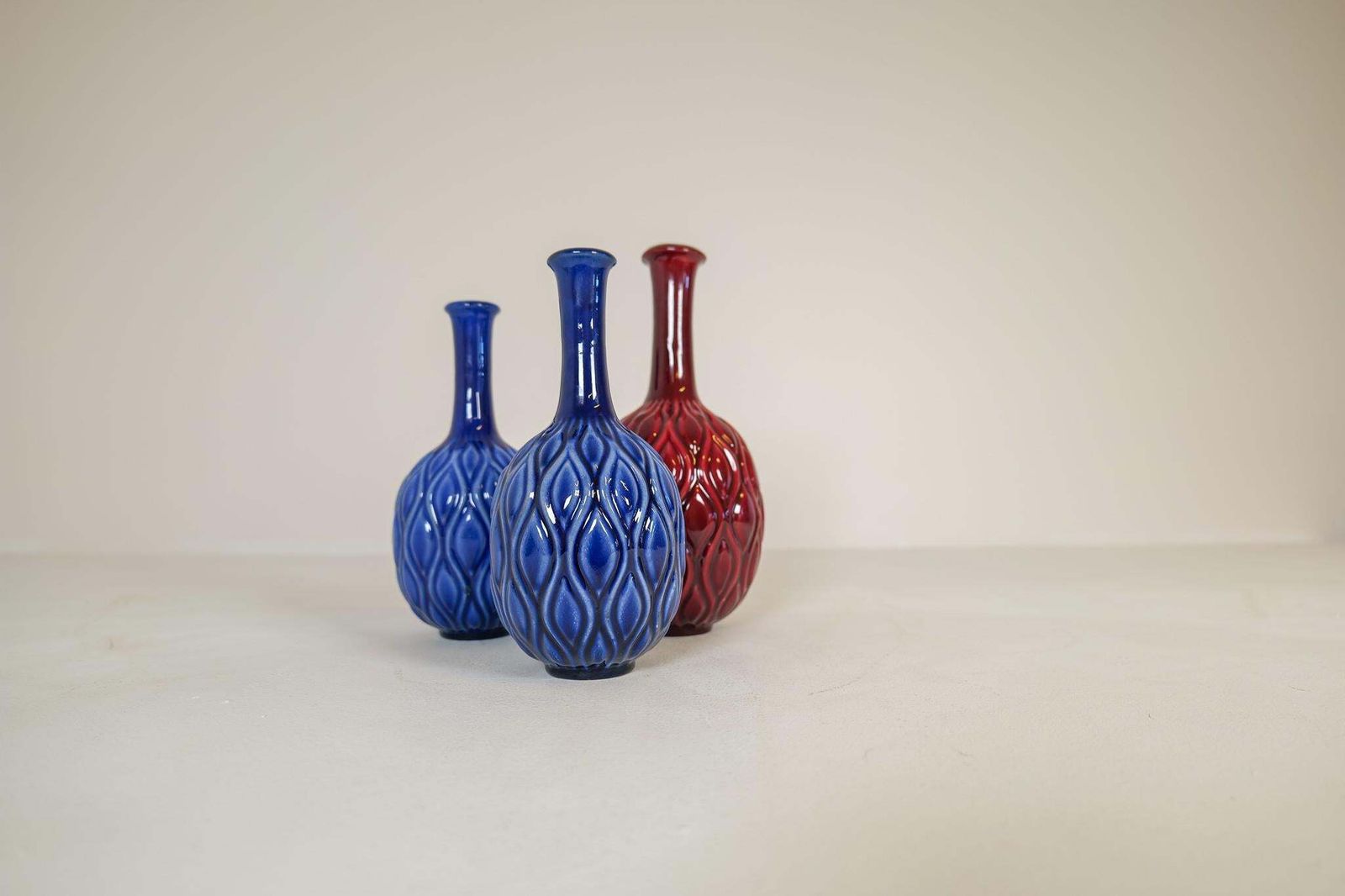 Midcentury Blue And Red Peacock Vases Sven Erik Skawonius Upsala Ekeby, 1950s photo for sale