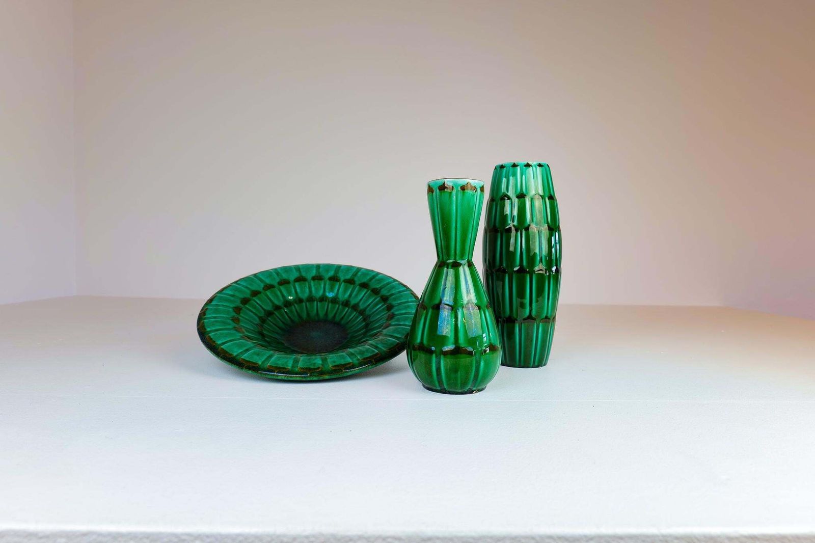 Midcentury Green Large Ceramic Vases And Platter/Bowl Upsala Ekeby "Capri" 1950s photo furniture