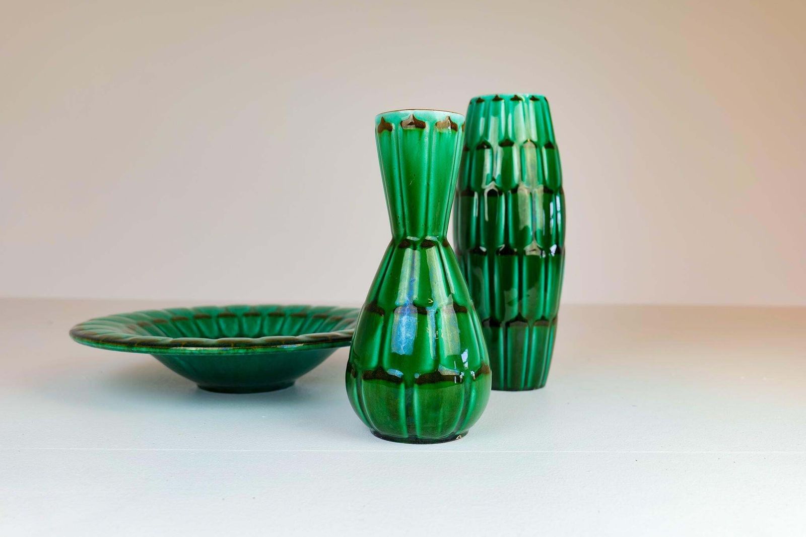 Midcentury Green Large Ceramic Vases And Platter/Bowl Upsala Ekeby "Capri" 1950s photo for sale