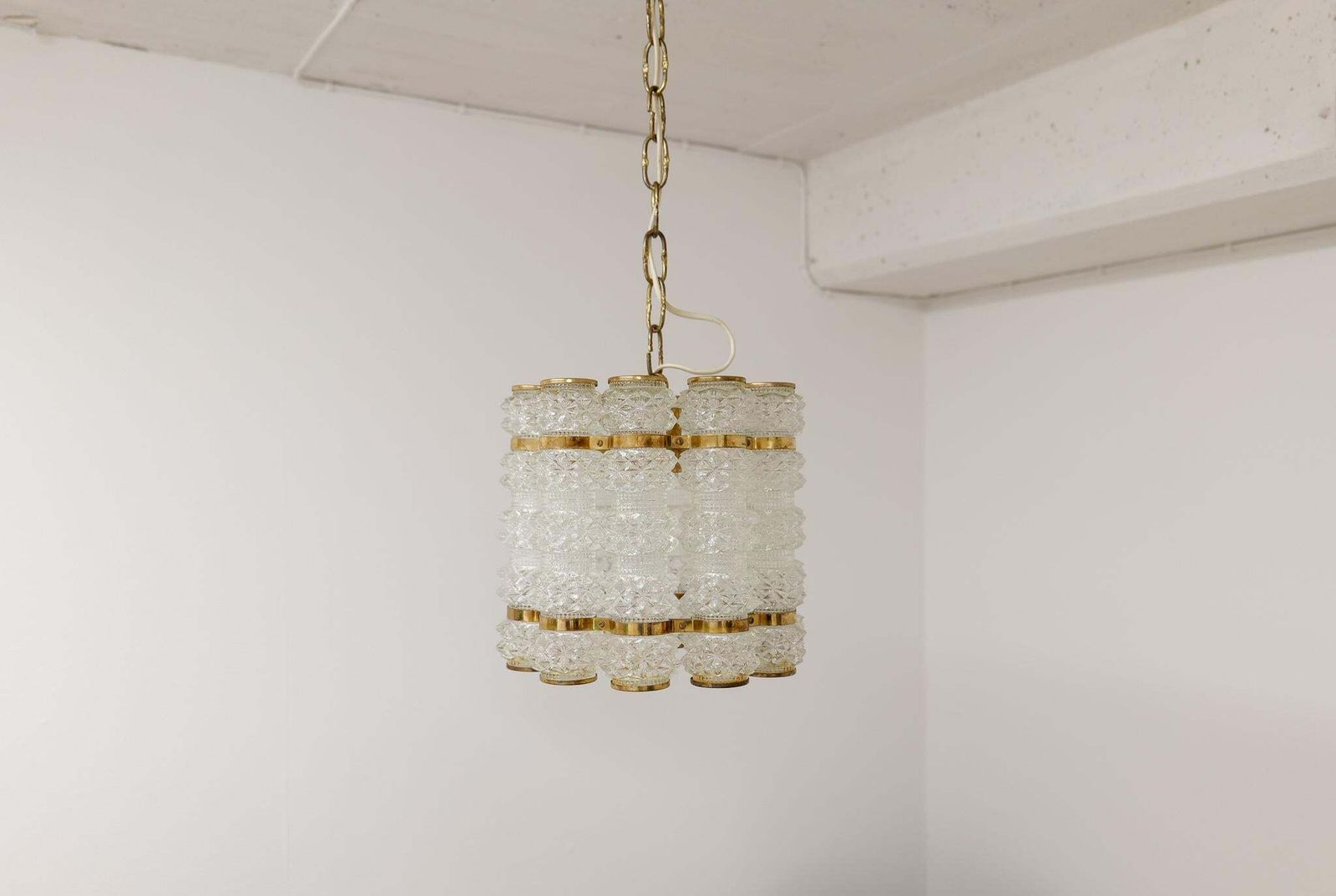 photo for sale Brass And Crystal Cylinder Chandelier By Tyringe For Orrefors, Sweden