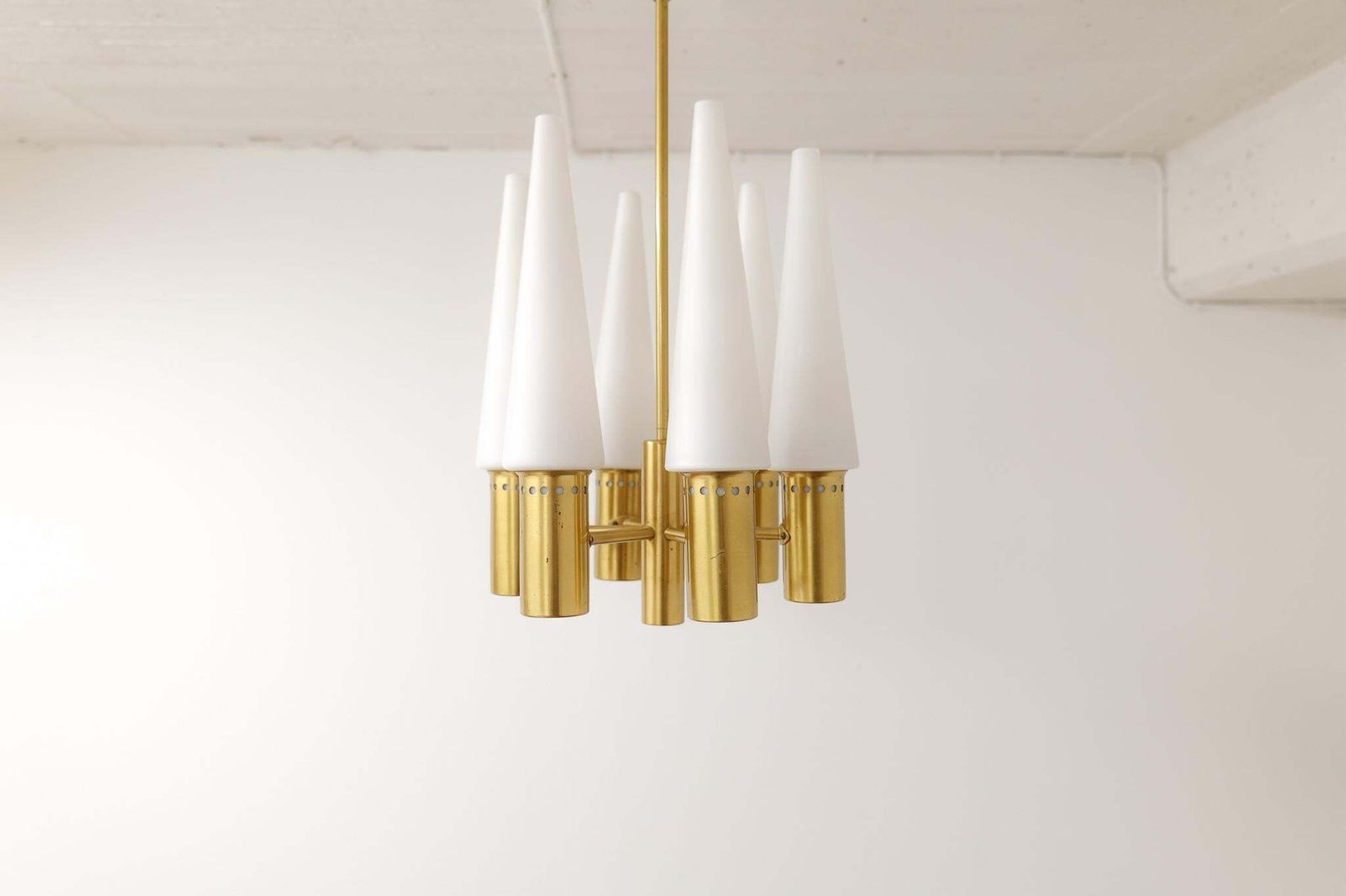 Midcentury Hans Agne Jakobsson Brass And Opaline Ceiling Lamp, Sweden, 1950s photo buy