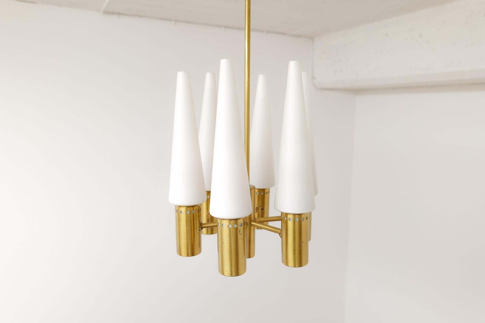 photo furniture Midcentury Hans Agne Jakobsson Brass And Opaline Ceiling Lamp, Sweden, 1950s
