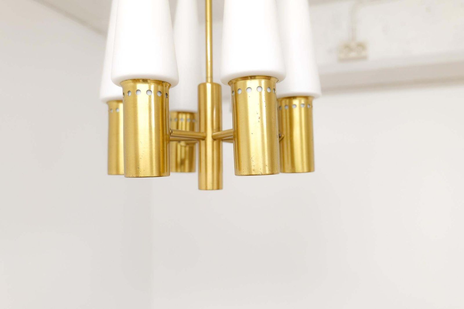 Lighting Midcentury Hans Agne Jakobsson Brass And Opaline Ceiling Lamp, Sweden, 1950s photo