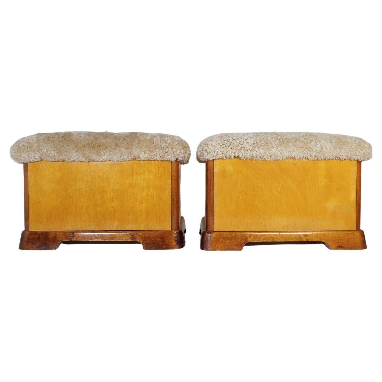 Swedish Art Deco Stools In Lacquered Birch And Sheepskin/Shearling Seat 1940s