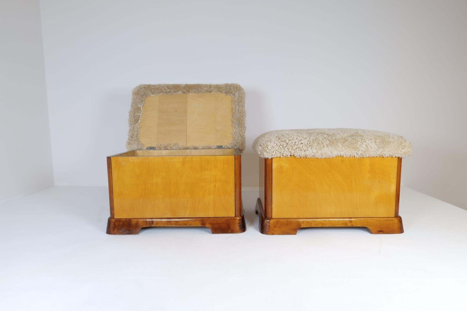 Swedish Art Deco Stools In Lacquered Birch And Sheepskin/Shearling Seat 1940s photo vintage