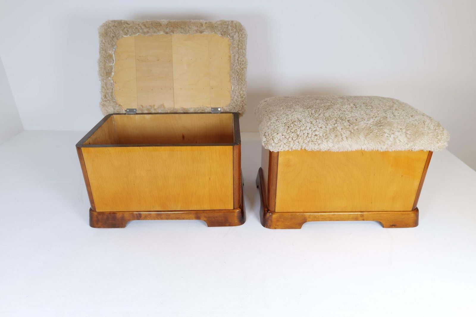 photo furniture Swedish Art Deco Stools In Lacquered Birch And Sheepskin/Shearling Seat 1940s