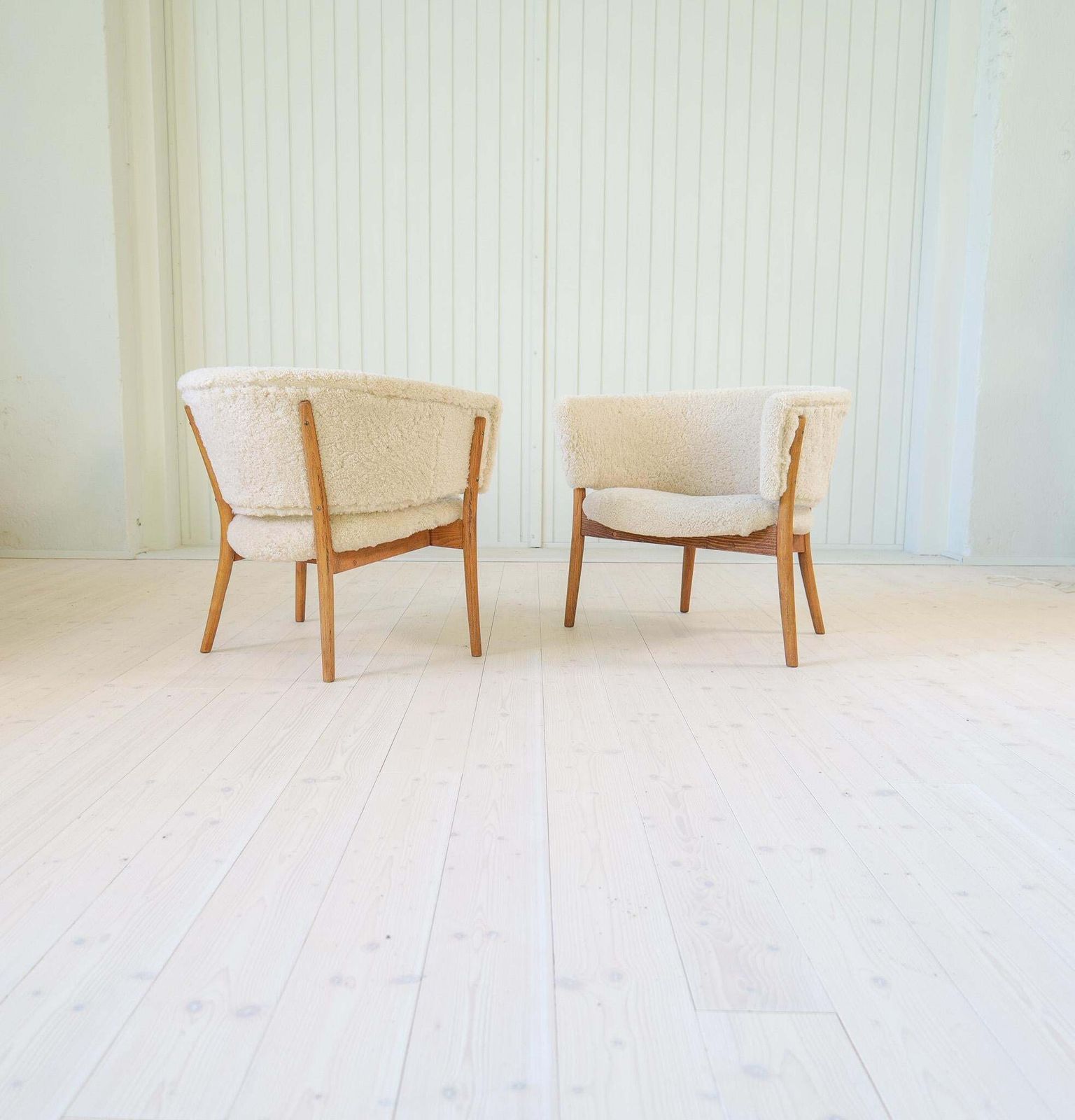 Mid Century Lounge Chairs In Sheepskin/Shearling And Stained Wood, Sweden, 1962 photo vintage
