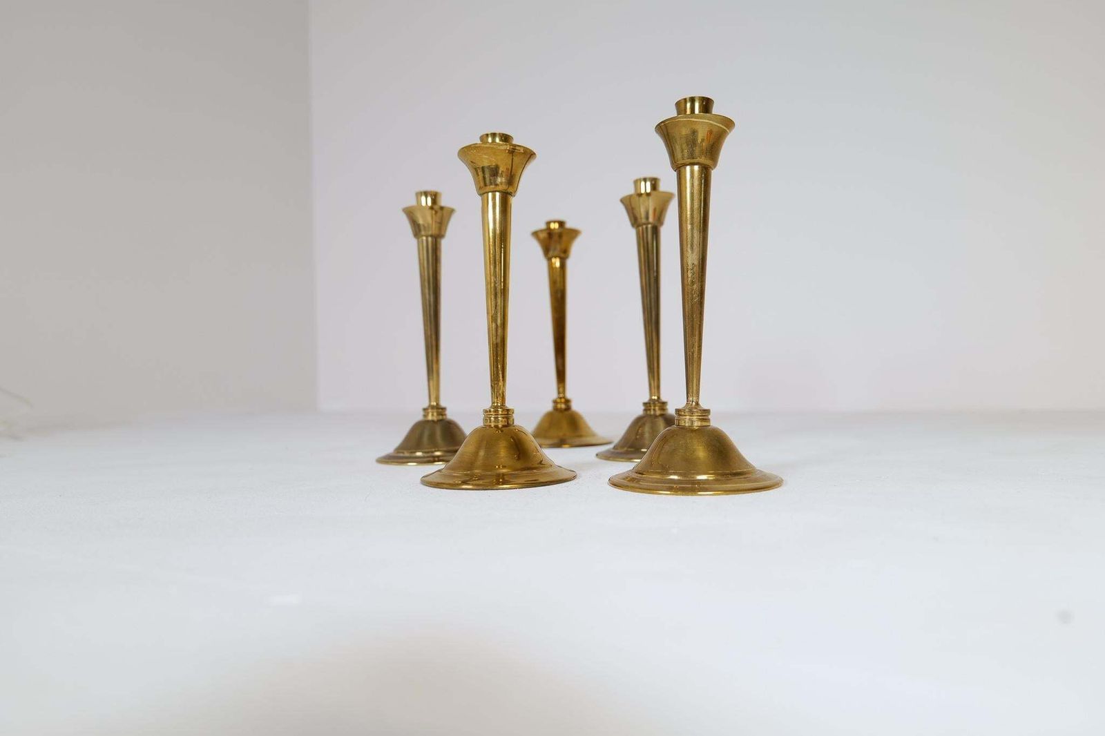 Midcentury Set Of 5 Candlesticks In Brass By Lars Holmström Arvika, Sweden photo Home Decor