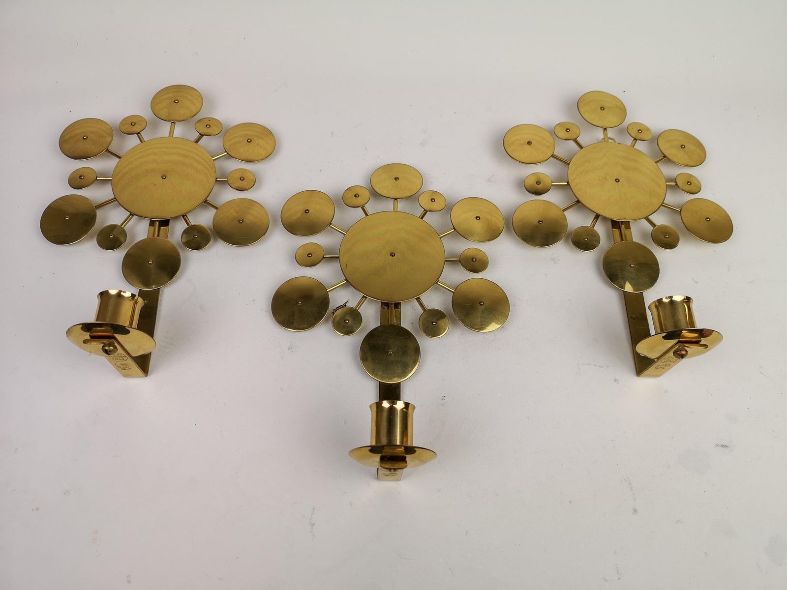 Set Of 3 Brass Wall Candlesticks "Sunburst" Holmström, Arvika, Sweden, 1960s photo furniture