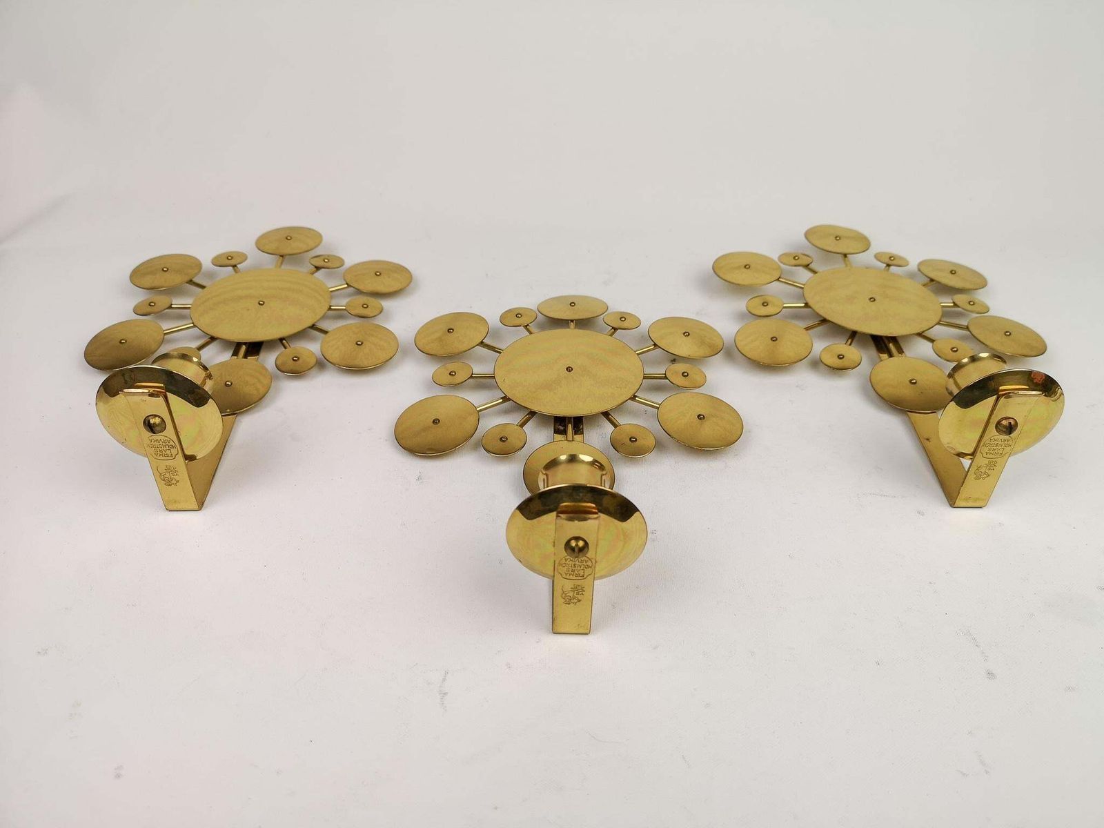 Set Of 3 Brass Wall Candlesticks "Sunburst" Holmström, Arvika, Sweden, 1960s photo Home Decor
