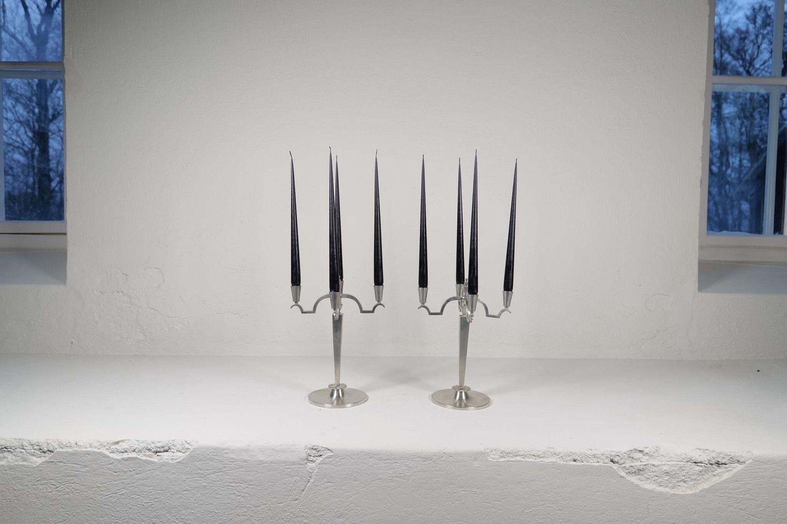 Art Deco Sculptural Set Of Candelabras In Pewter, Sweden, 1940s photo buy