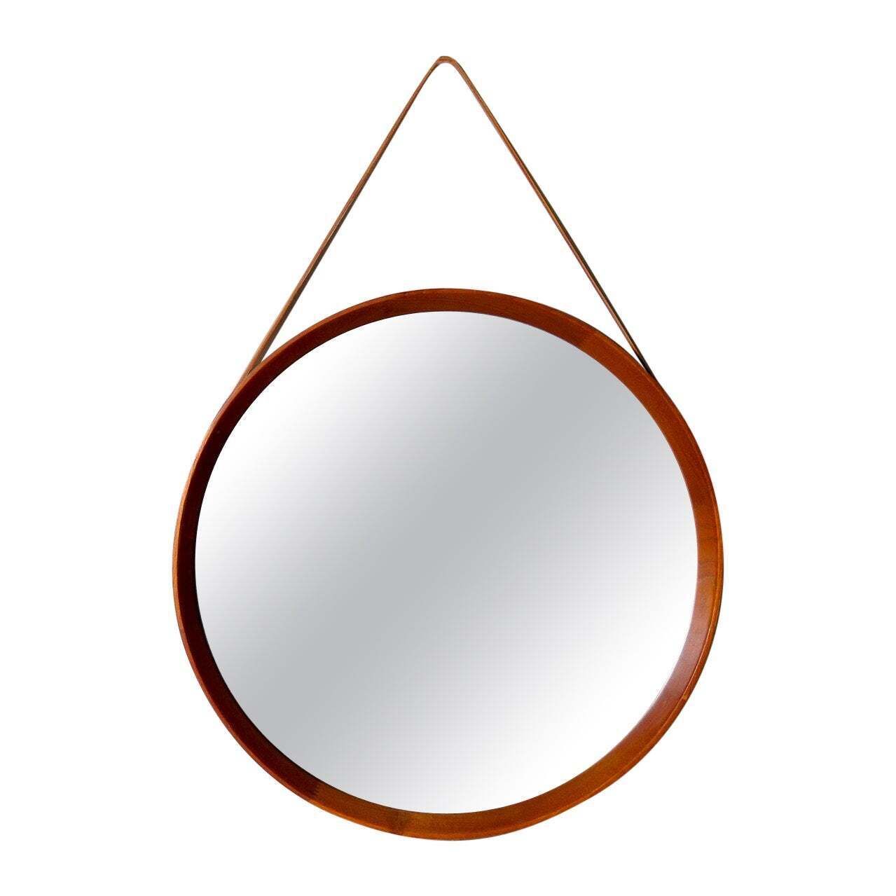 Midcentury Modern Round Mirror In Leather & Teak By Glas & Trä Hovmantorp Sweden