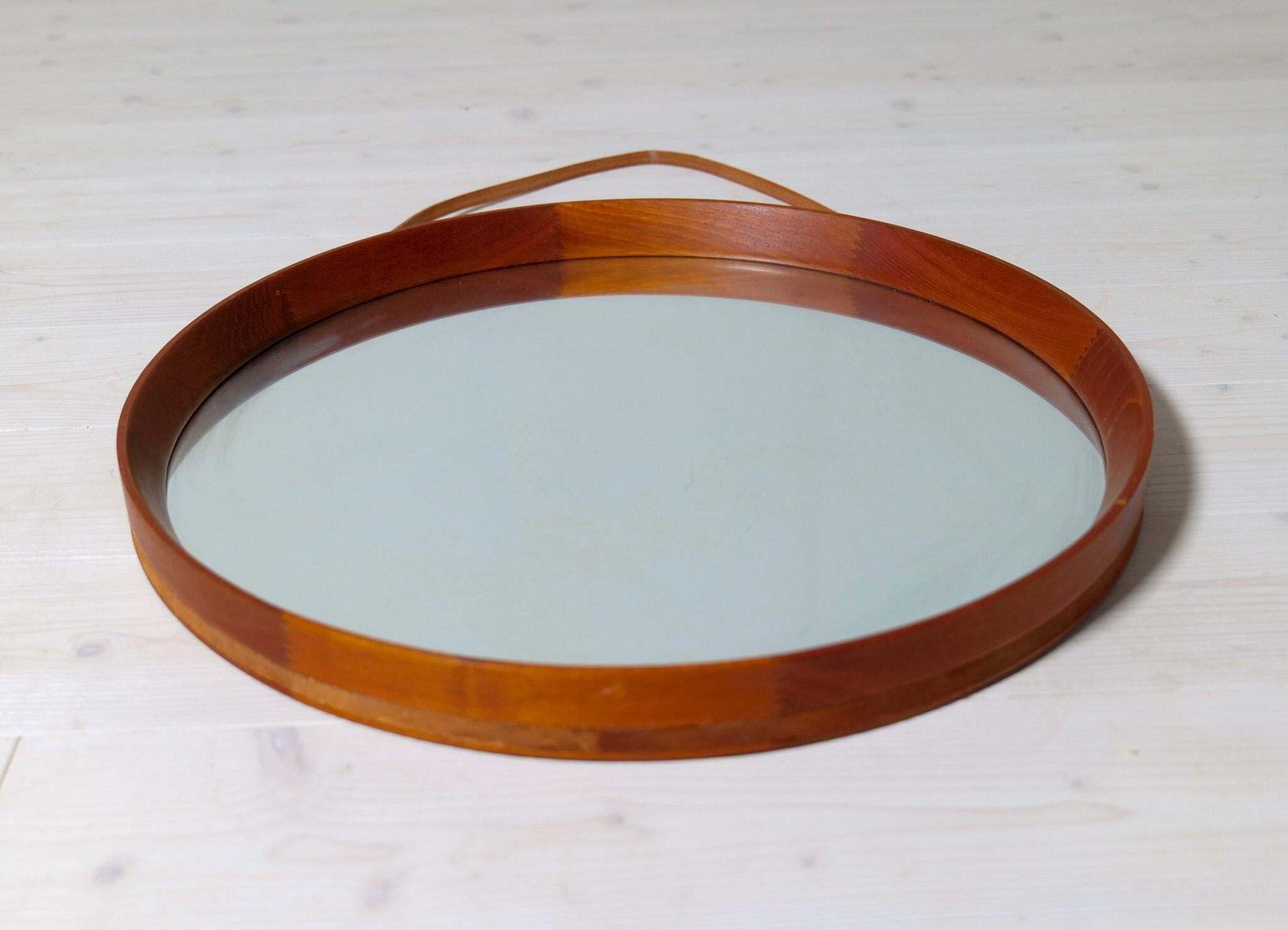 Midcentury Modern Round Mirror In Leather & Teak By Glas & Trä Hovmantorp Sweden photo vinterior