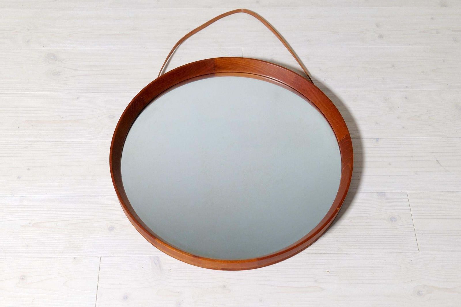 Midcentury Modern Round Mirror In Leather & Teak By Glas & Trä Hovmantorp Sweden photo buy