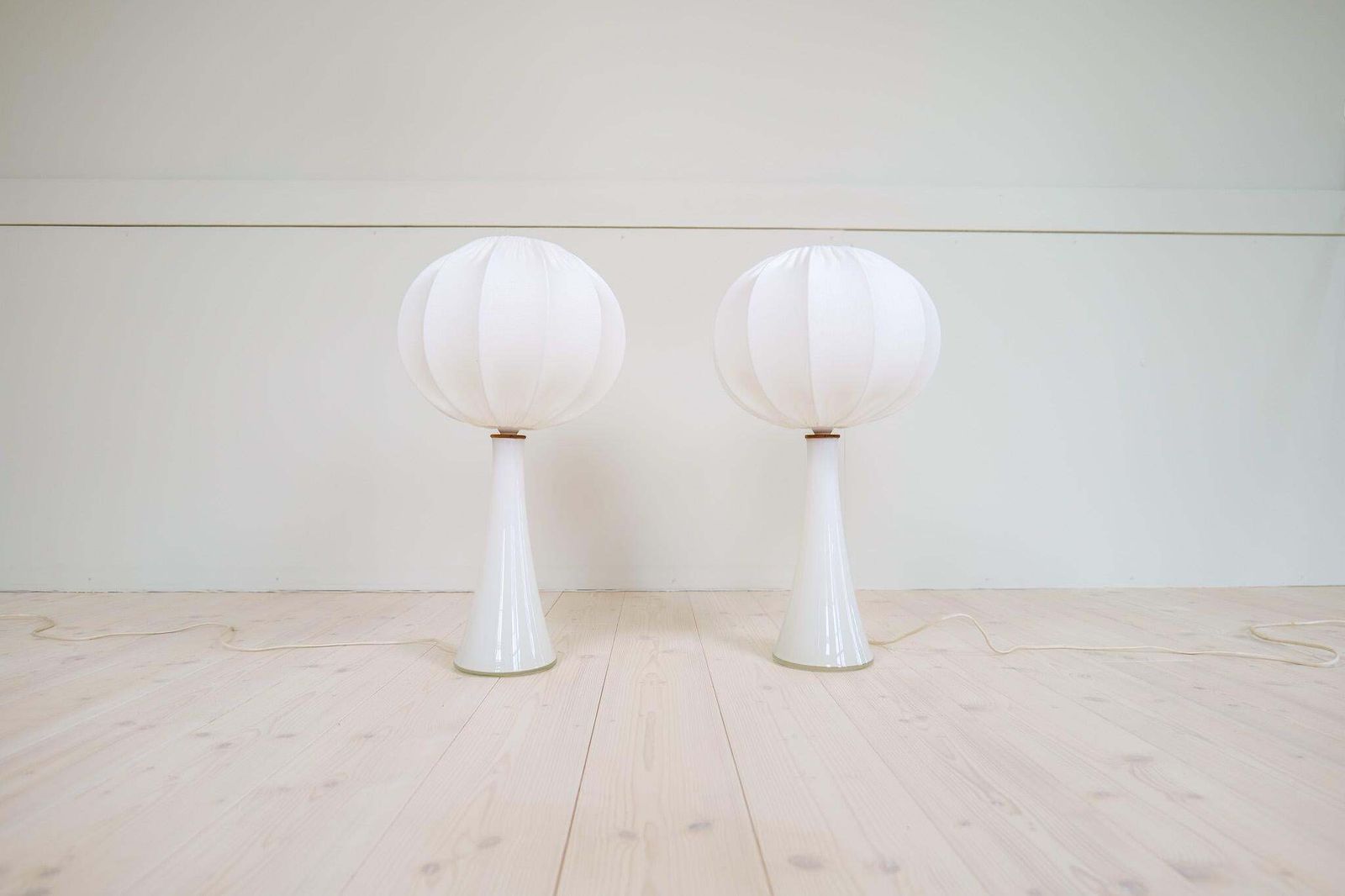Midcentury Pair Of Opaline Glass Table Lamps Cotton Shades Bergboms Sweden, 1960 photo 2138.0