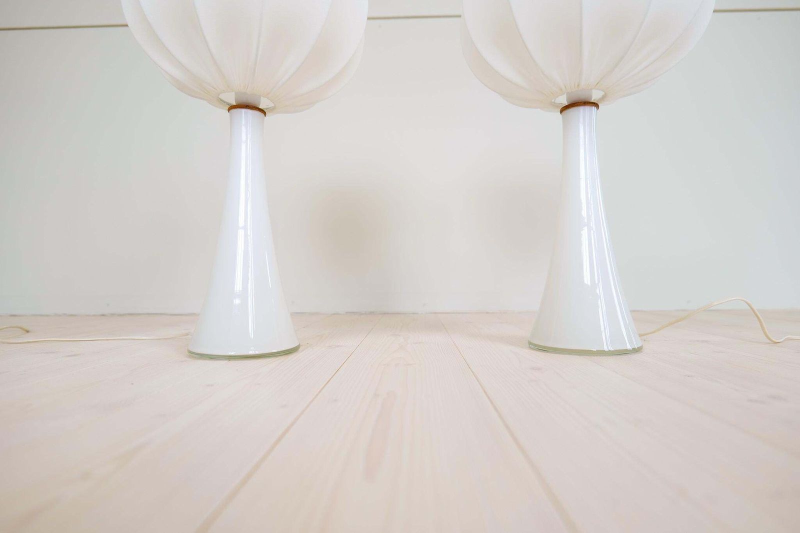 Midcentury Pair Of Opaline Glass Table Lamps Cotton Shades Bergboms Sweden, 1960 photo buy