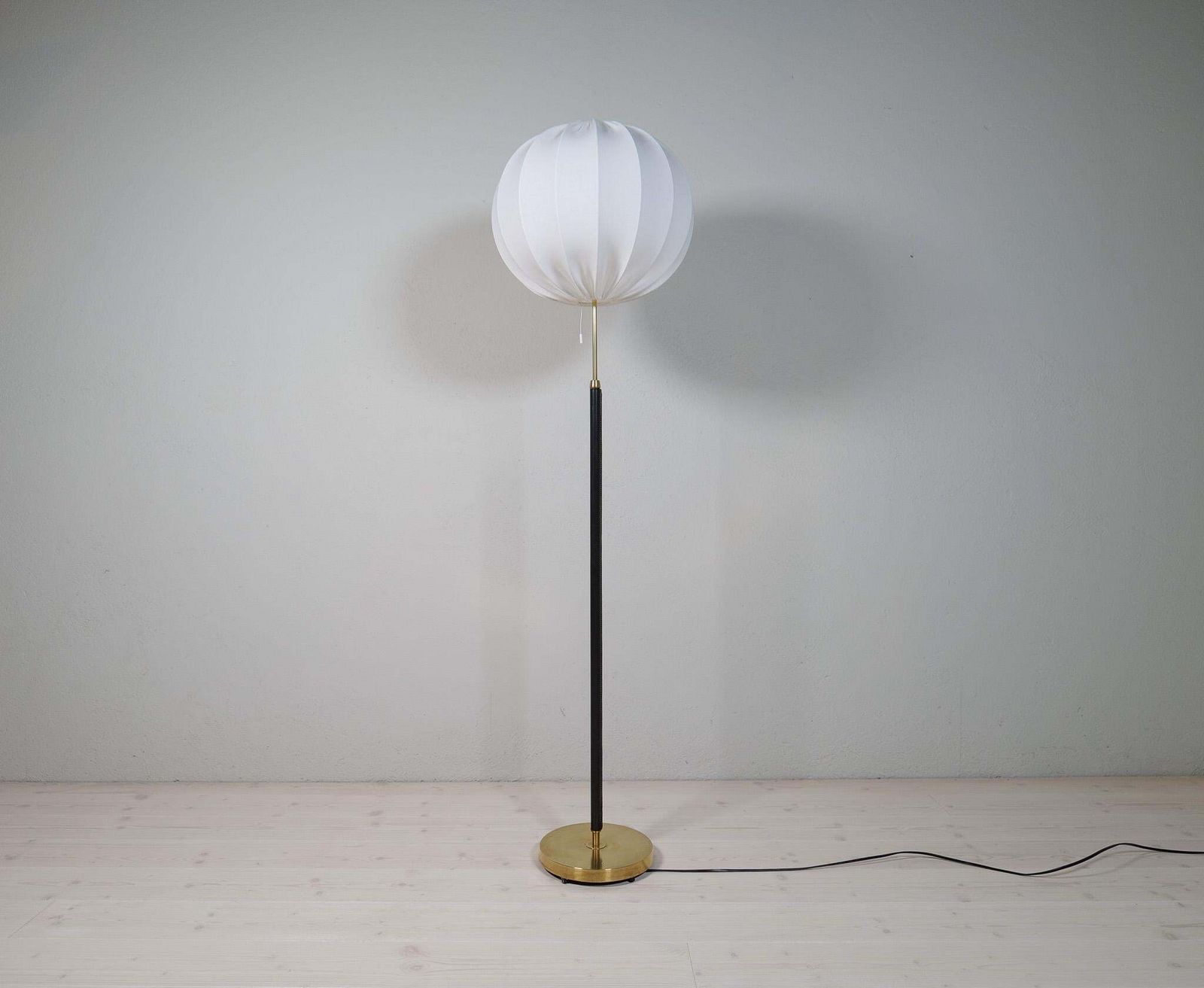 Mid Century Brass Black Leather Floor Lamp Falkenbergs Belysning, Sweden, 1960s photo Lighting