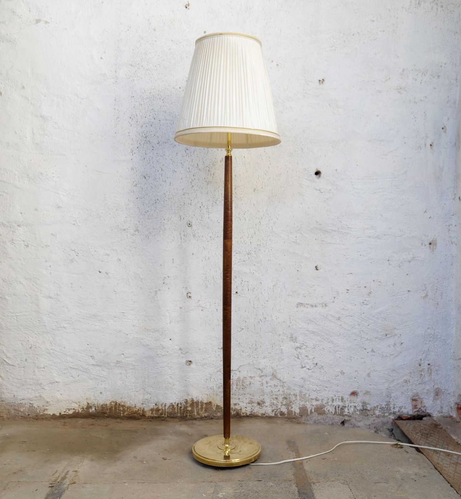 Mid Century Floor Lamp Brass And Polished Wood Böhlmarks, Sweden, 1940s photo for sale