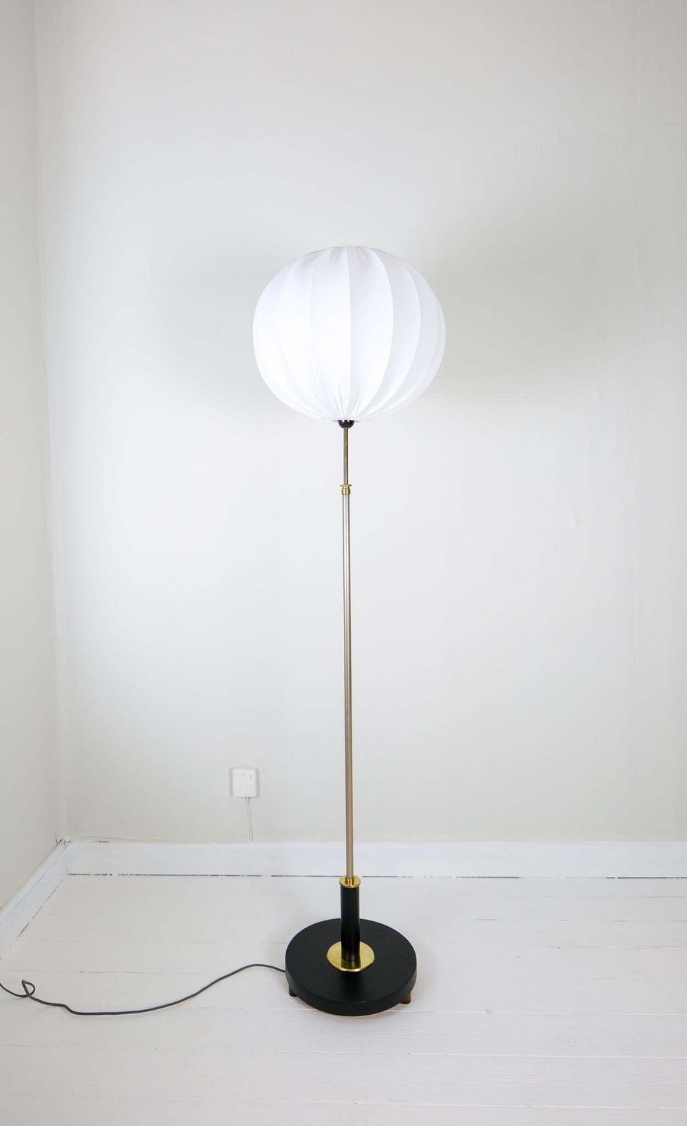 Art Deco Floor Lamp In Brass With Blackened Wood Sweden, 1940s photo Lighting