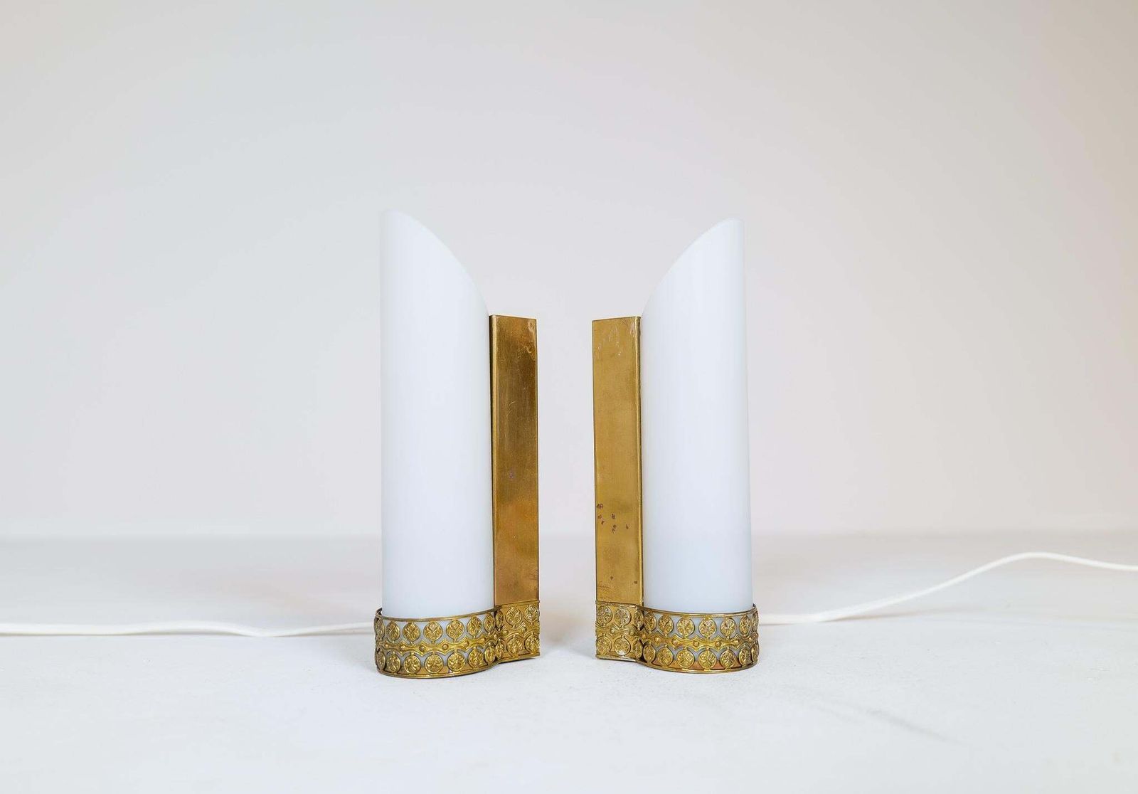 Midcentury Modern Pair Of Brass And Opaline Wall Lamps Attributed To Asea Sweden photo Lighting