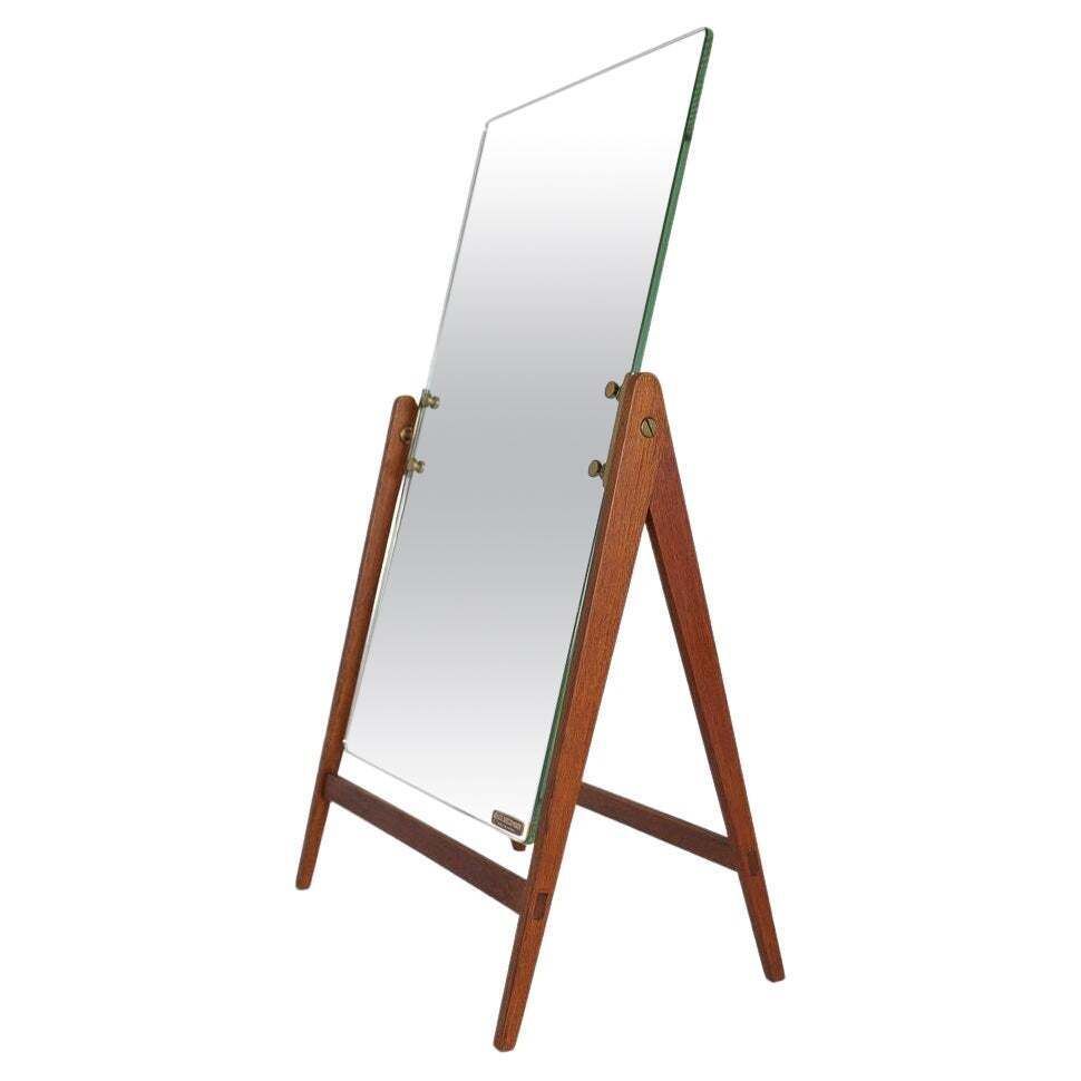 Mid Century Hans Agne Jakobsson Brass And Teak Large Rare Table Mirror, Sweden