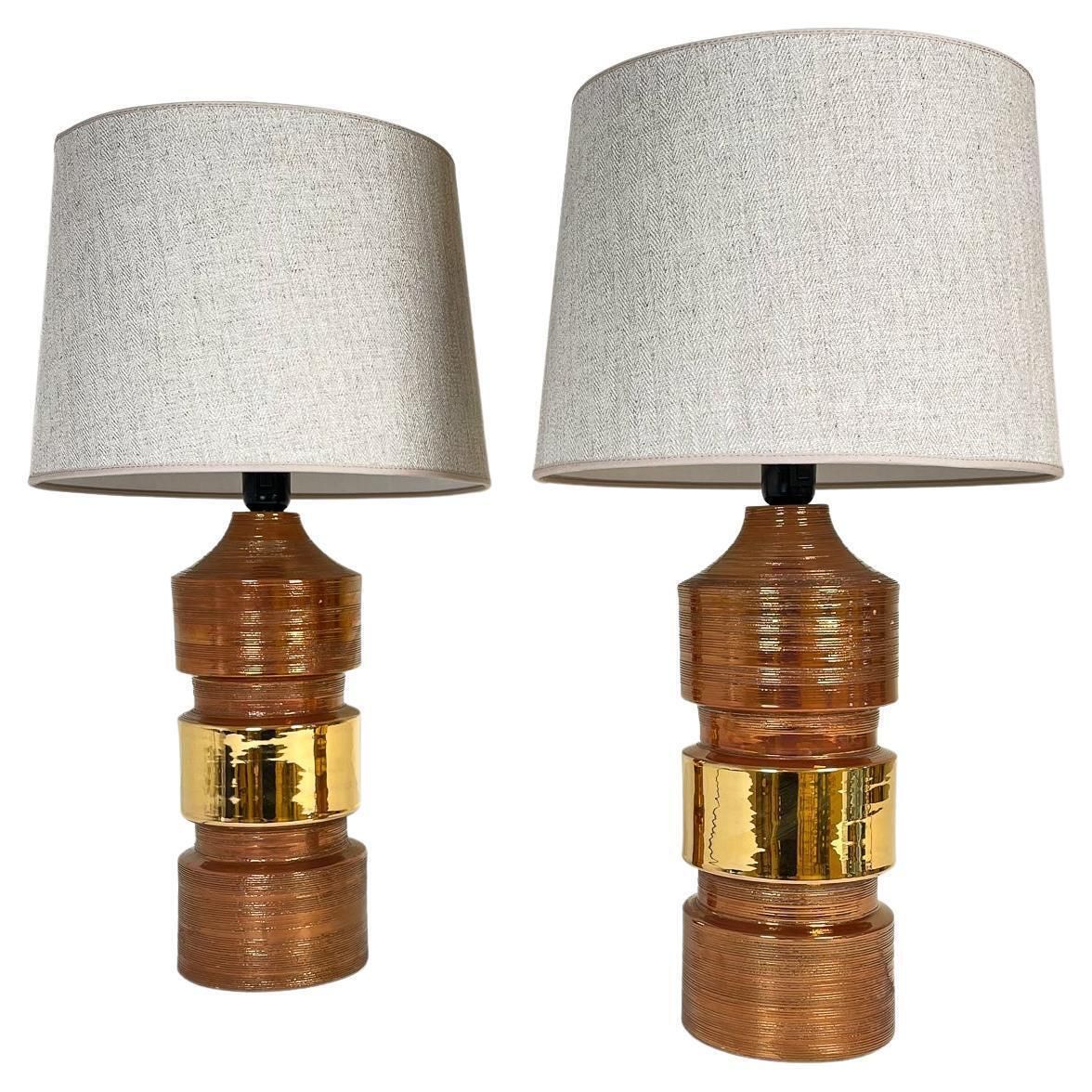 Midcentury Pair Of Large Brass Bergboms Bitossi Table Lamps, 1960s, Sweden