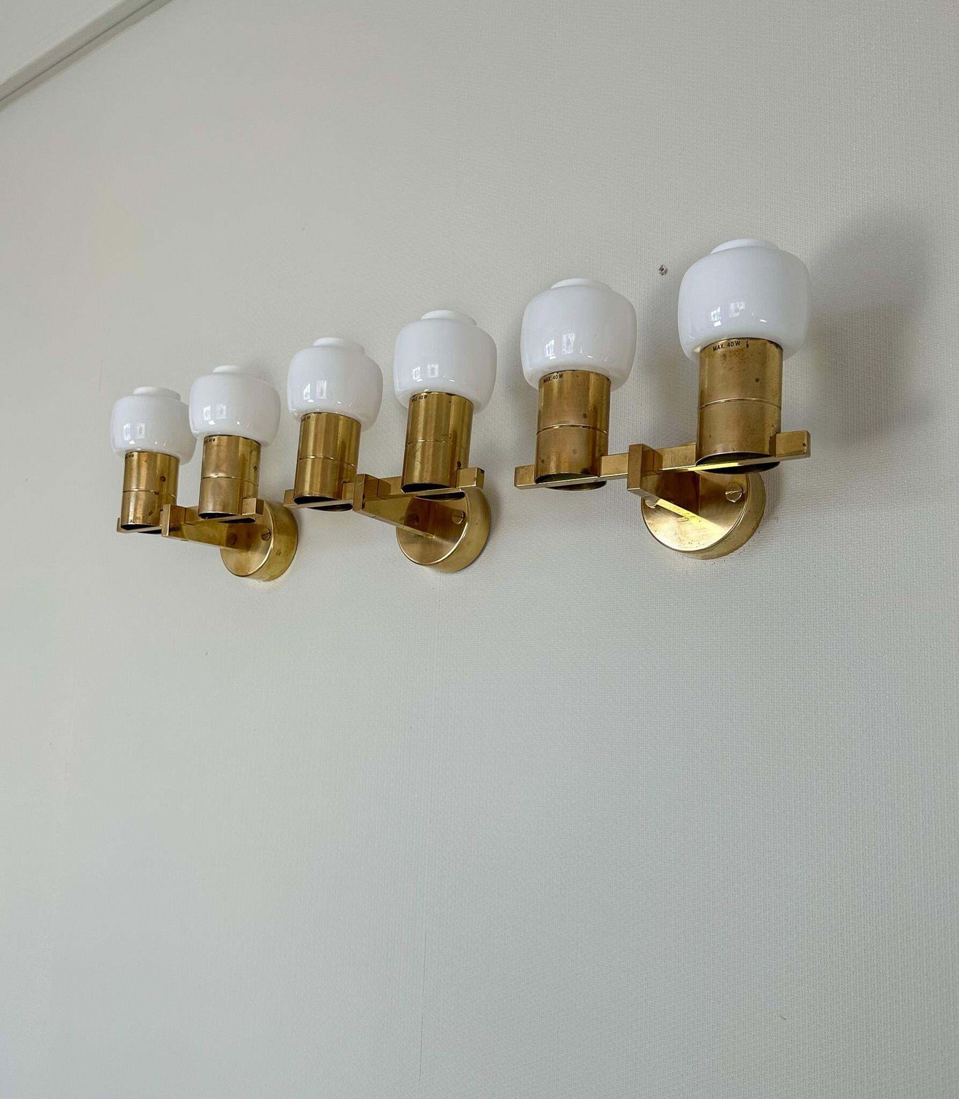 Midcentury Hans Agne Jakobsson Brass And Opaline Glass Wall Lamps, Sweden, 1960s photo 2565.0