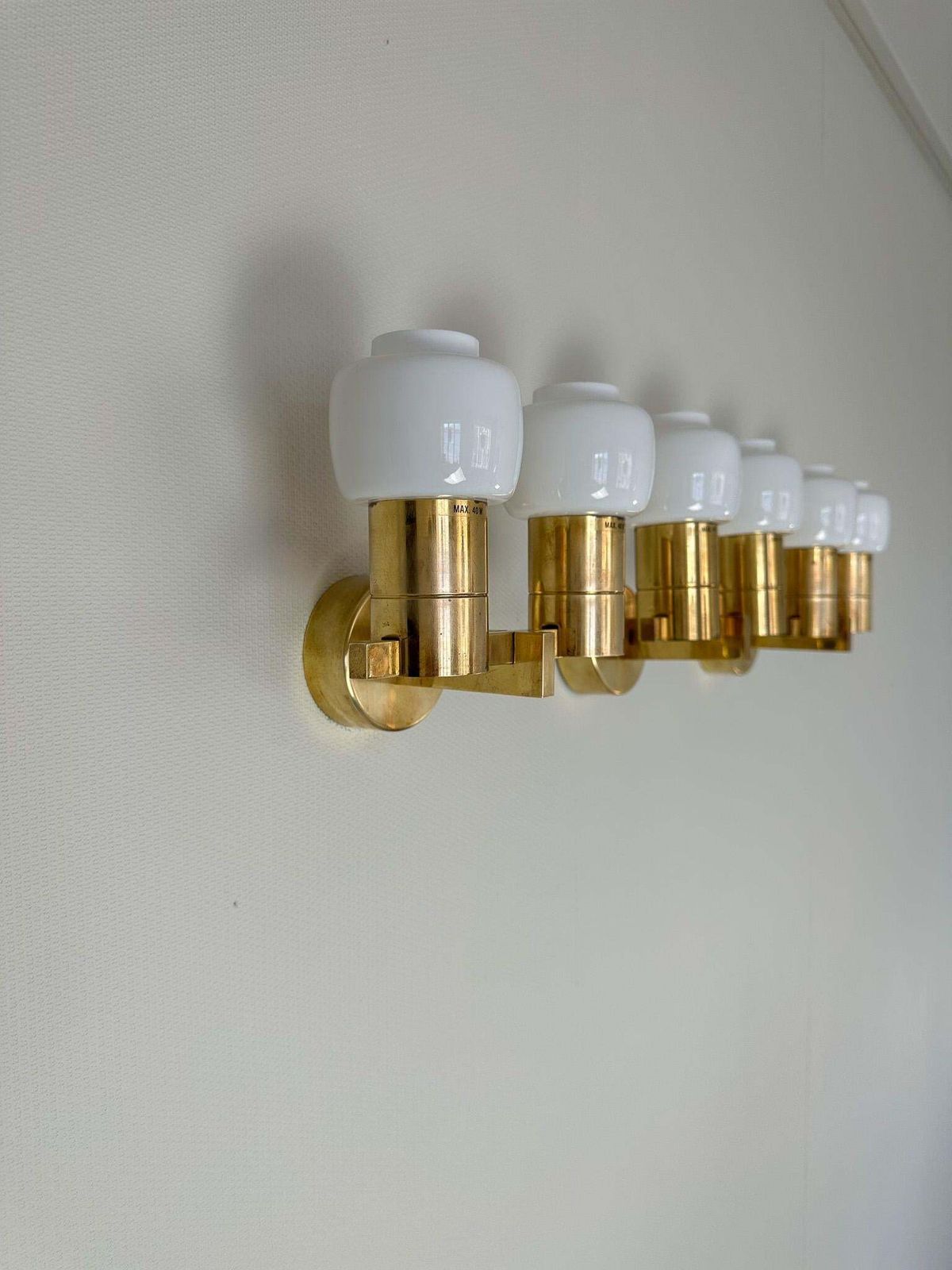 Lighting Midcentury Hans Agne Jakobsson Brass And Opaline Glass Wall Lamps, Sweden, 1960s photo