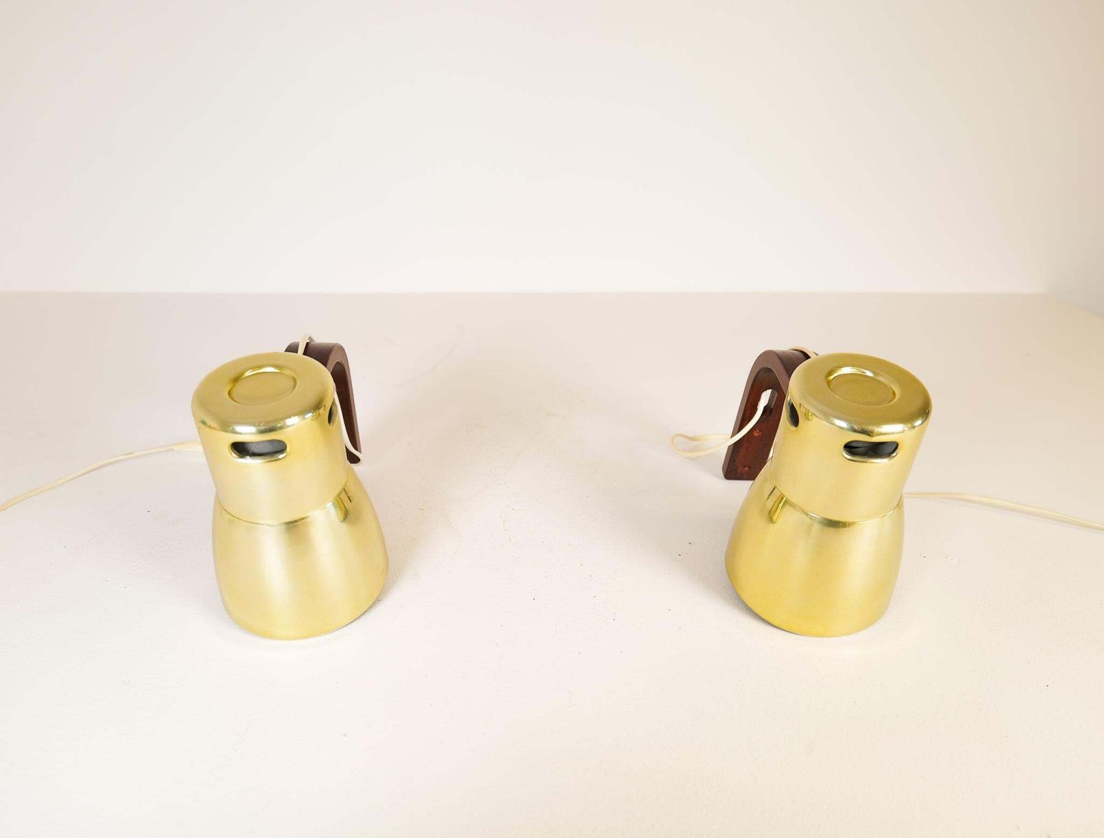 Hans Agne Jakobsson Brass And Stained Wood Wall Lamps, Sweden, 1970s photo vintage