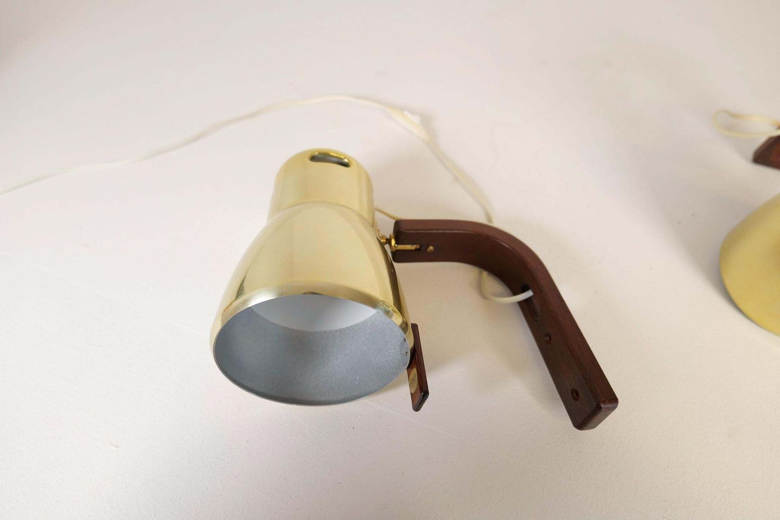 photo for sale Hans Agne Jakobsson Brass And Stained Wood Wall Lamps, Sweden, 1970s