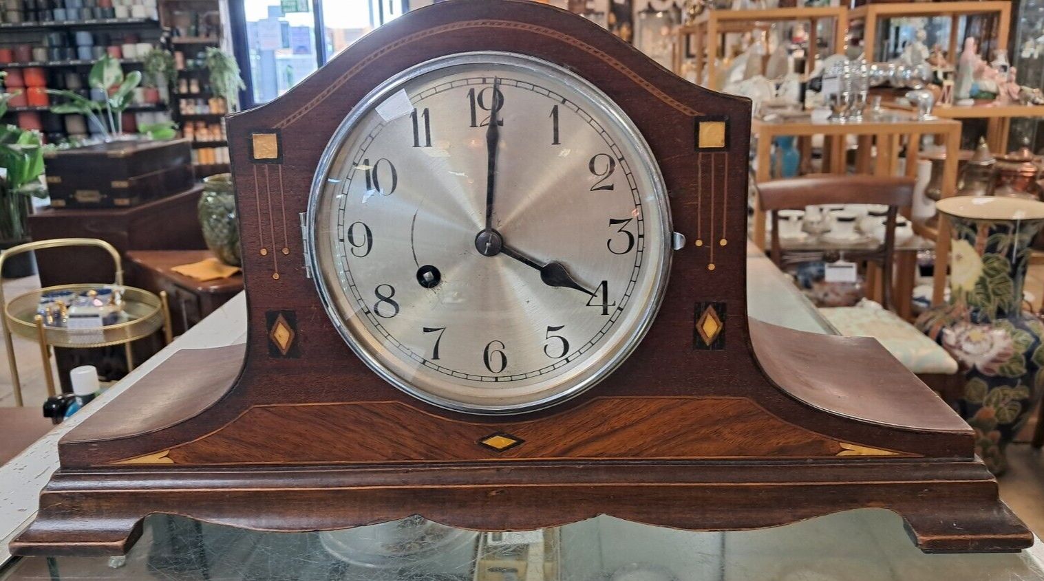 Vintage Inlaid Mahogany Napolean Mantle Clock, Early 20th Century