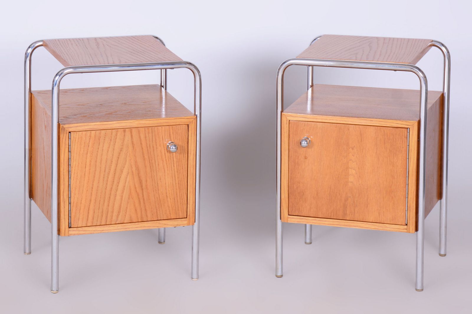 Pair Of Restored Bauhaus Bedside Tables, By R. Slezák, Chrome, Czech, 1930s