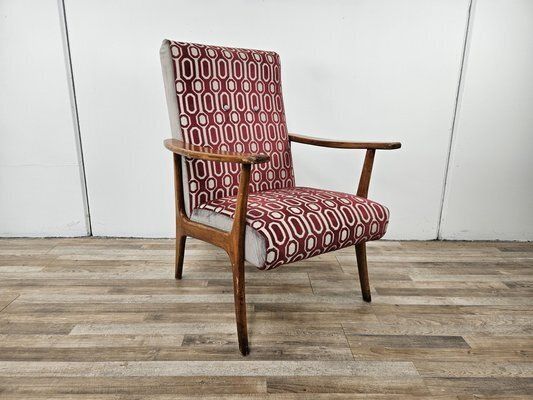 Italian Armchair In Wood And Fabric, 1950s