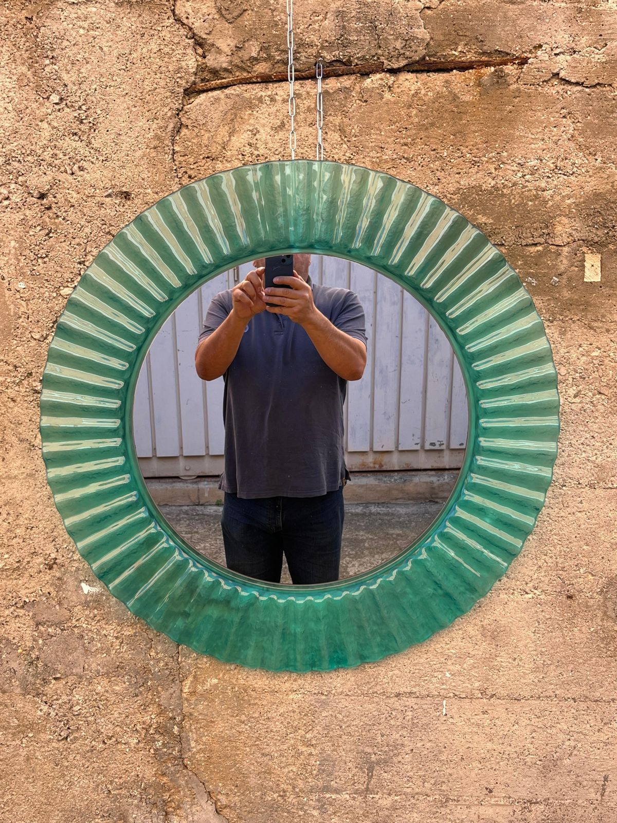 Circular Green Acrylic Wall Mirror 1970s, Old Warehouse Stock photo 472.0