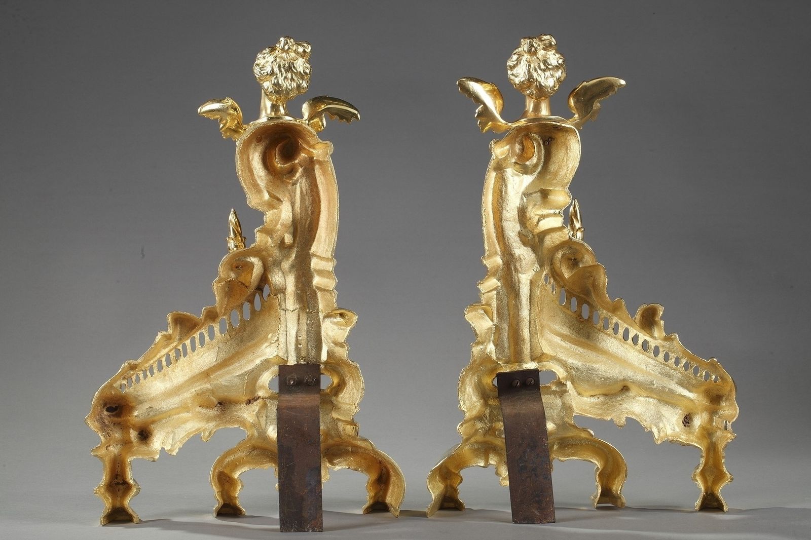 3552.0 Napoleon III Rocaille Style Ormolu Bronze Fireplace Andirons photo